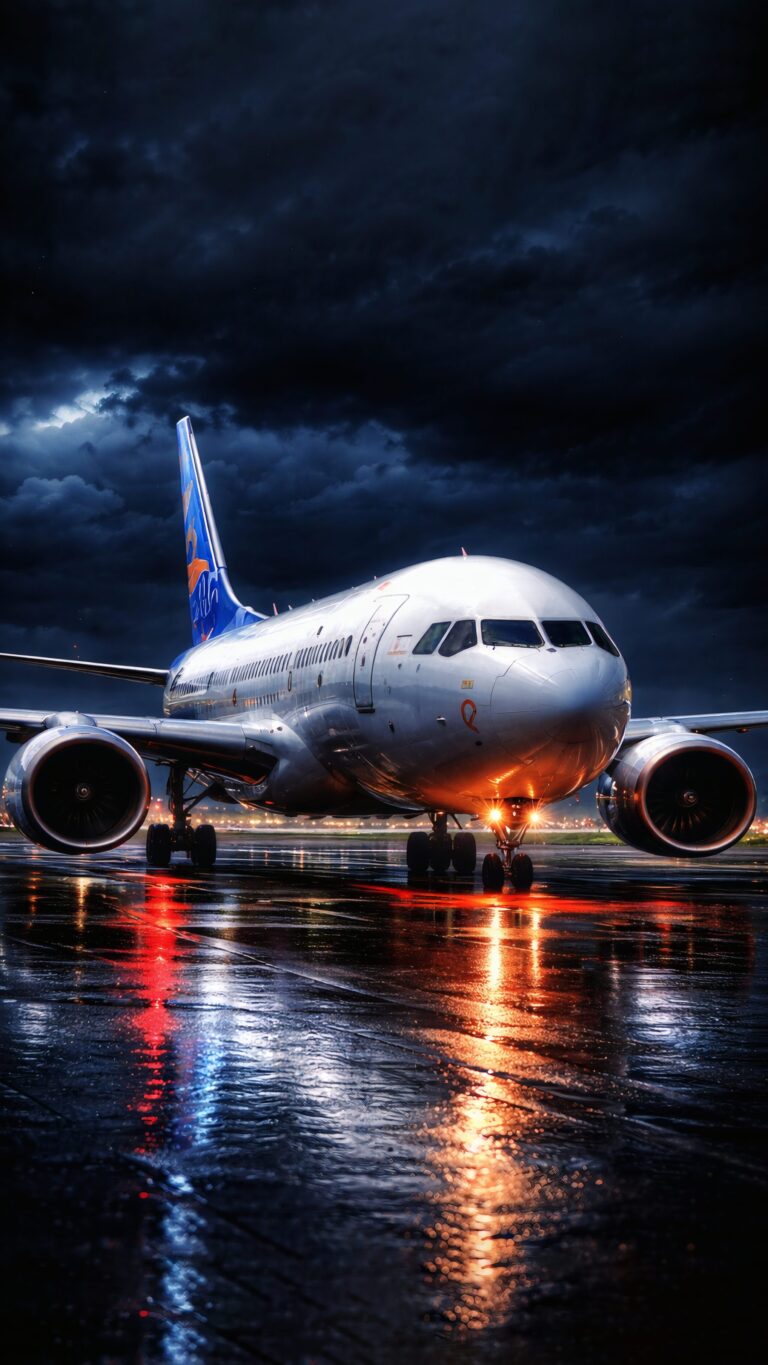 Passenger airplane parked on a wet airport tarmac at night with vibrant light reflections and dark cloudy sky.