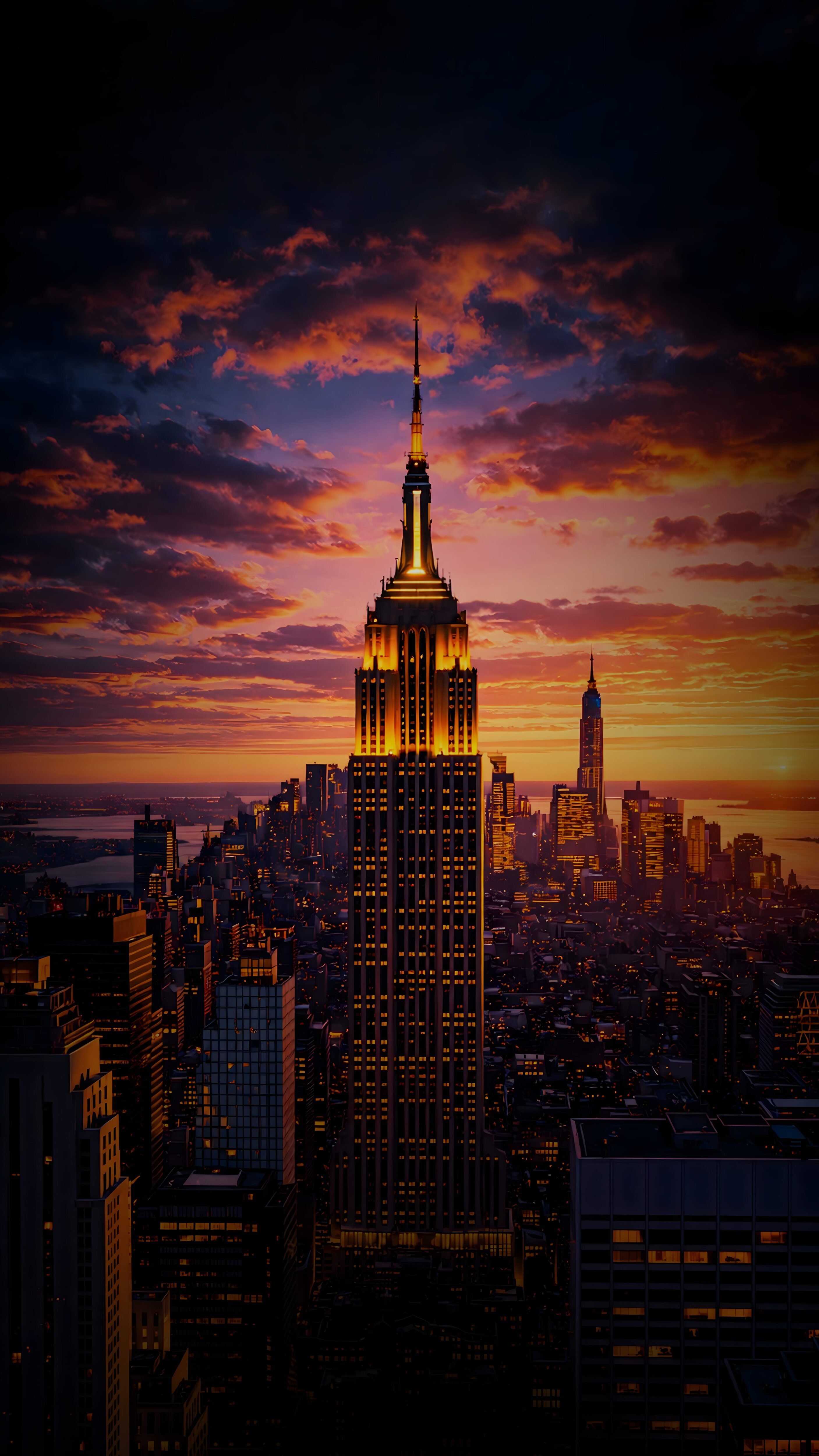 A vertical background showing the Empire State Building in New York City glowing under a dramatic orange and purple sunset sky.