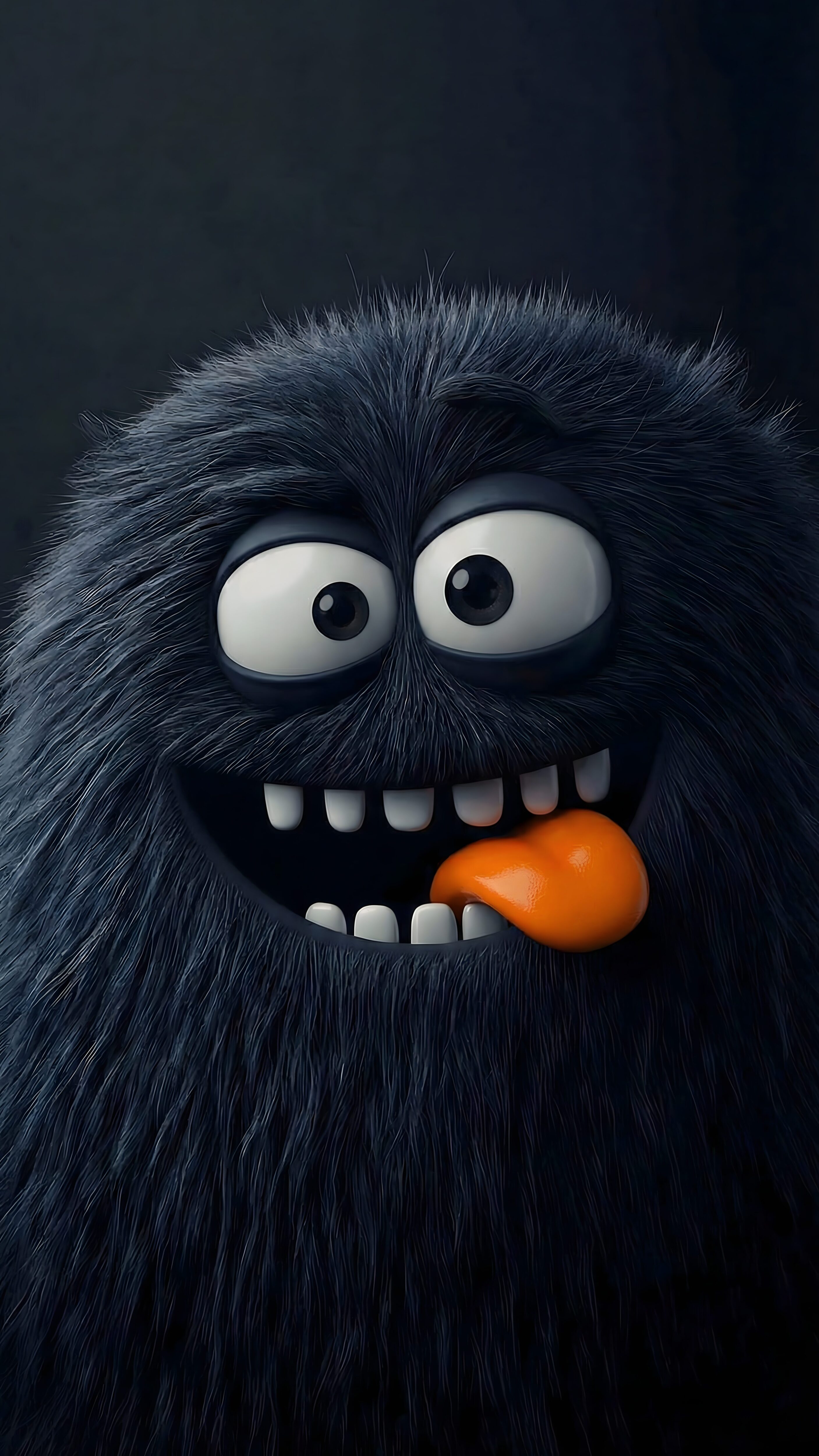 A high-resolution mobile wallpaper of a dark blue, very furry monster with big white googly eyes and an orange tongue sticking out.
