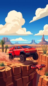 A flat vector-style mobile wallpaper showing a red, boxy futuristic off-road truck kicking up dust on a canyon cliff edge with a small hovering drone.