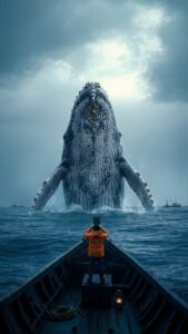 4K mobile wallpaper of a giant humpback whale breaching out of a stormy dark blue ocean in front of a small boat.