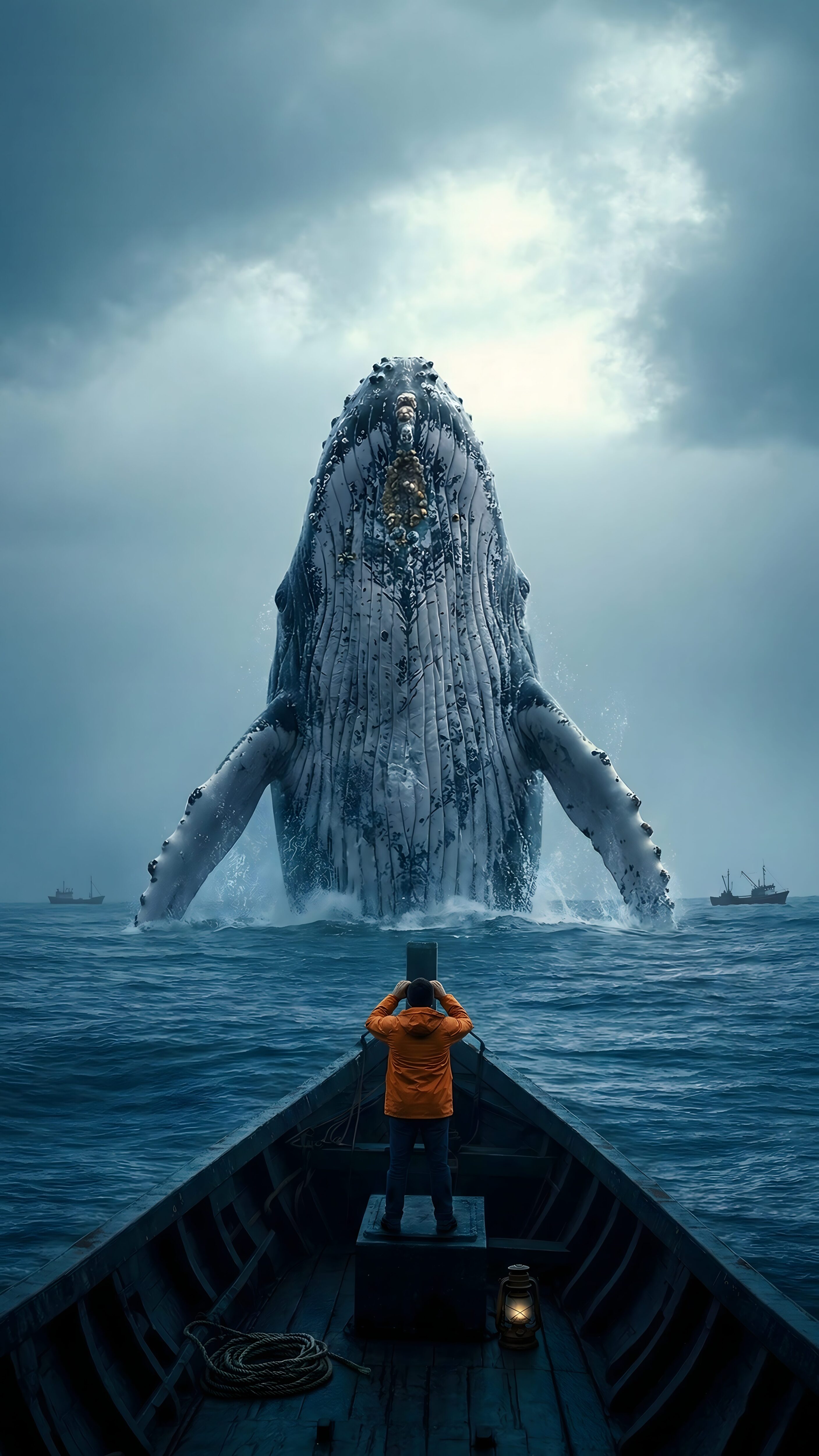 4K mobile wallpaper of a giant humpback whale breaching out of a stormy dark blue ocean in front of a small boat.