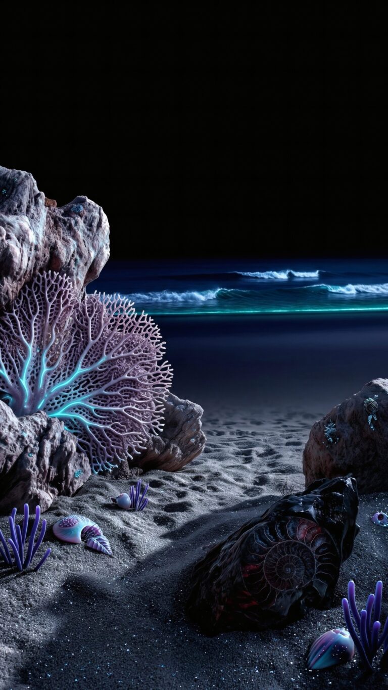A 4K mobile wallpaper showing a dark beach with glowing blue waves, a large glowing purple sea fan coral, and a glowing ammonite fossil on the sand.