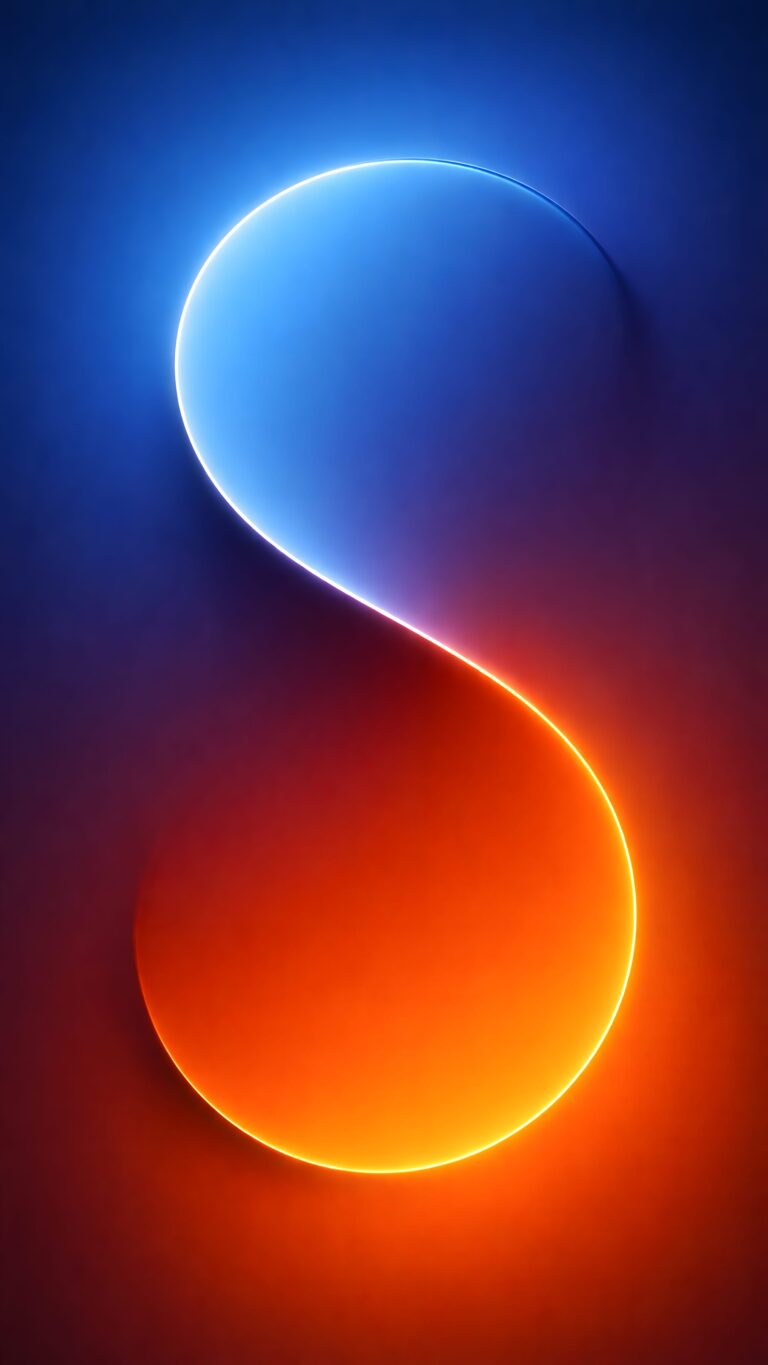 A 4K mobile wallpaper featuring an abstract 3D letter S glowing with blue light on the top half and orange light on the bottom against a dark background.
