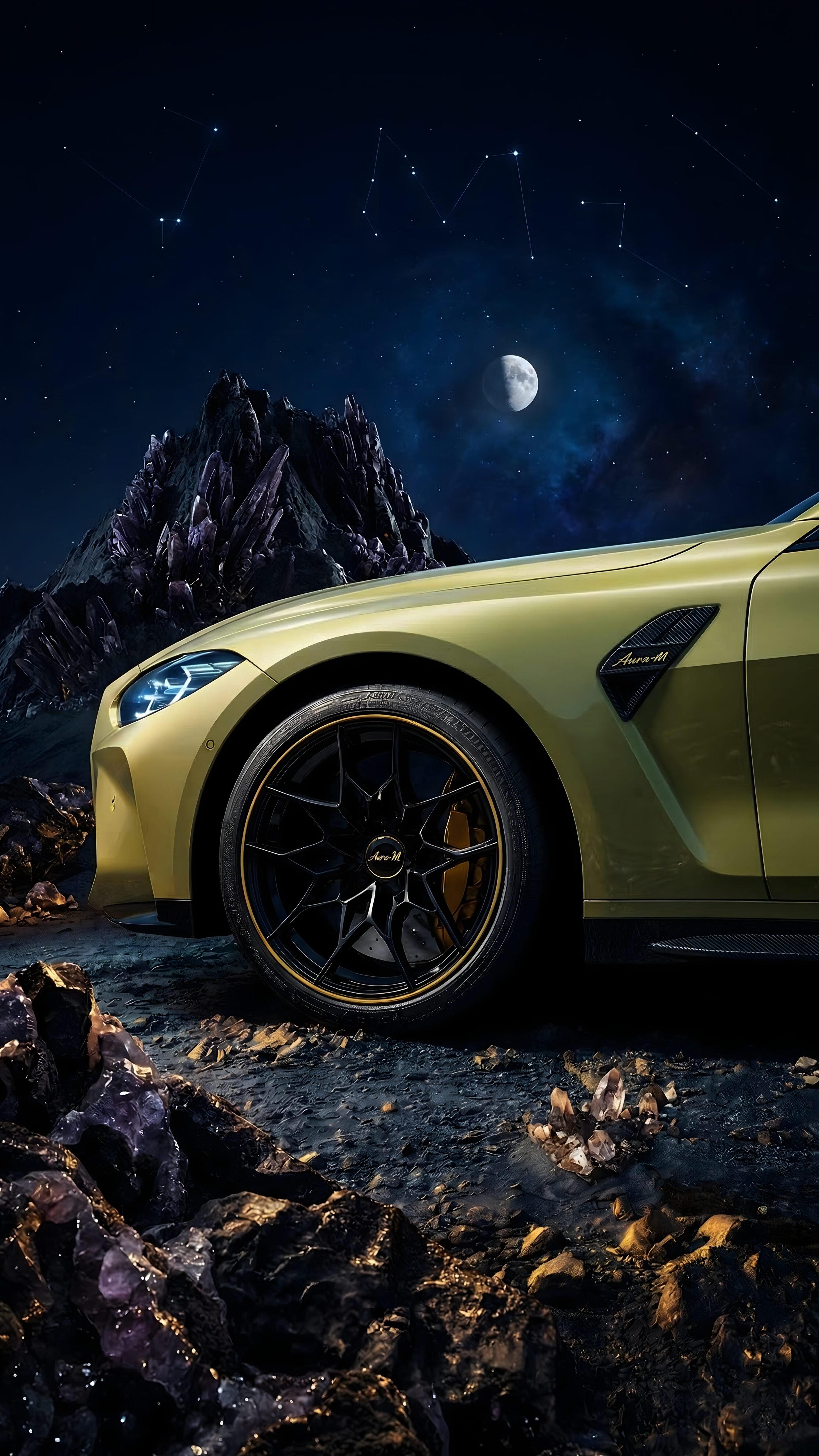 A 4K mobile wallpaper showing the side profile of a gold sports car parked on dark rocks with glowing purple crystals under a starry night sky with a moon.