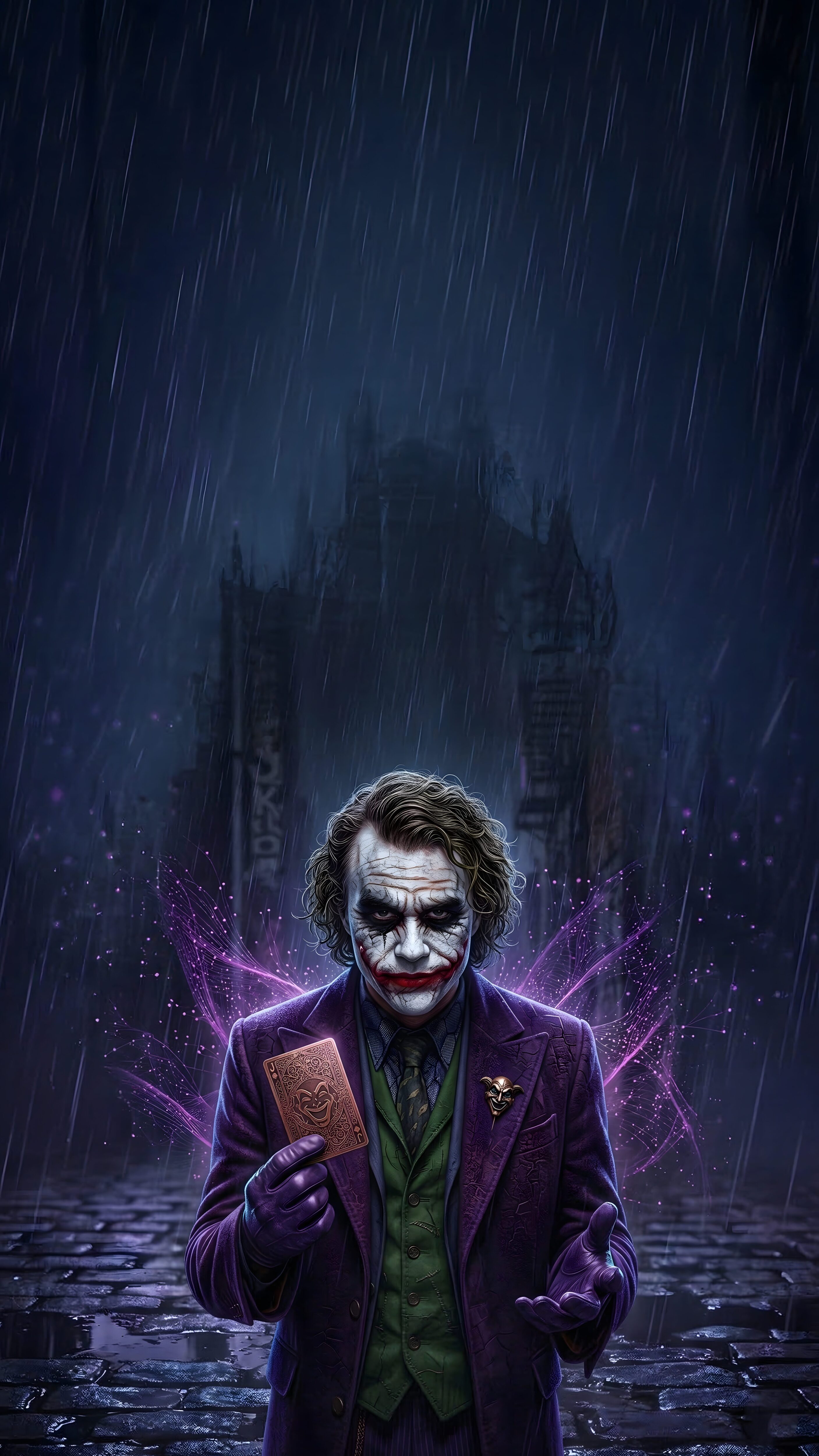 Joker Heath Ledger 4K mobile wallpaper holding a gold card in the rain with a dark Gotham City background.