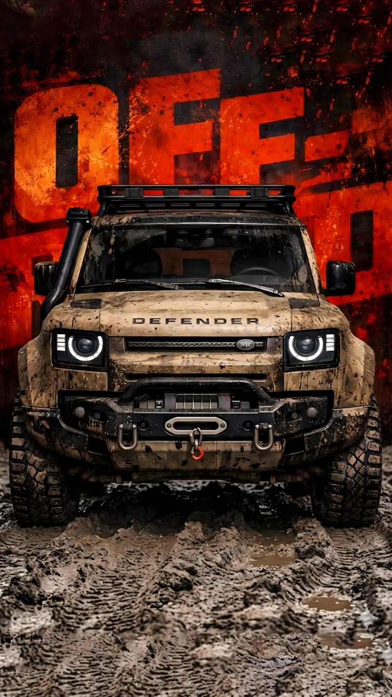 Muddy Land Rover Defender 4K mobile wallpaper with off-road orange background and rugged tires.