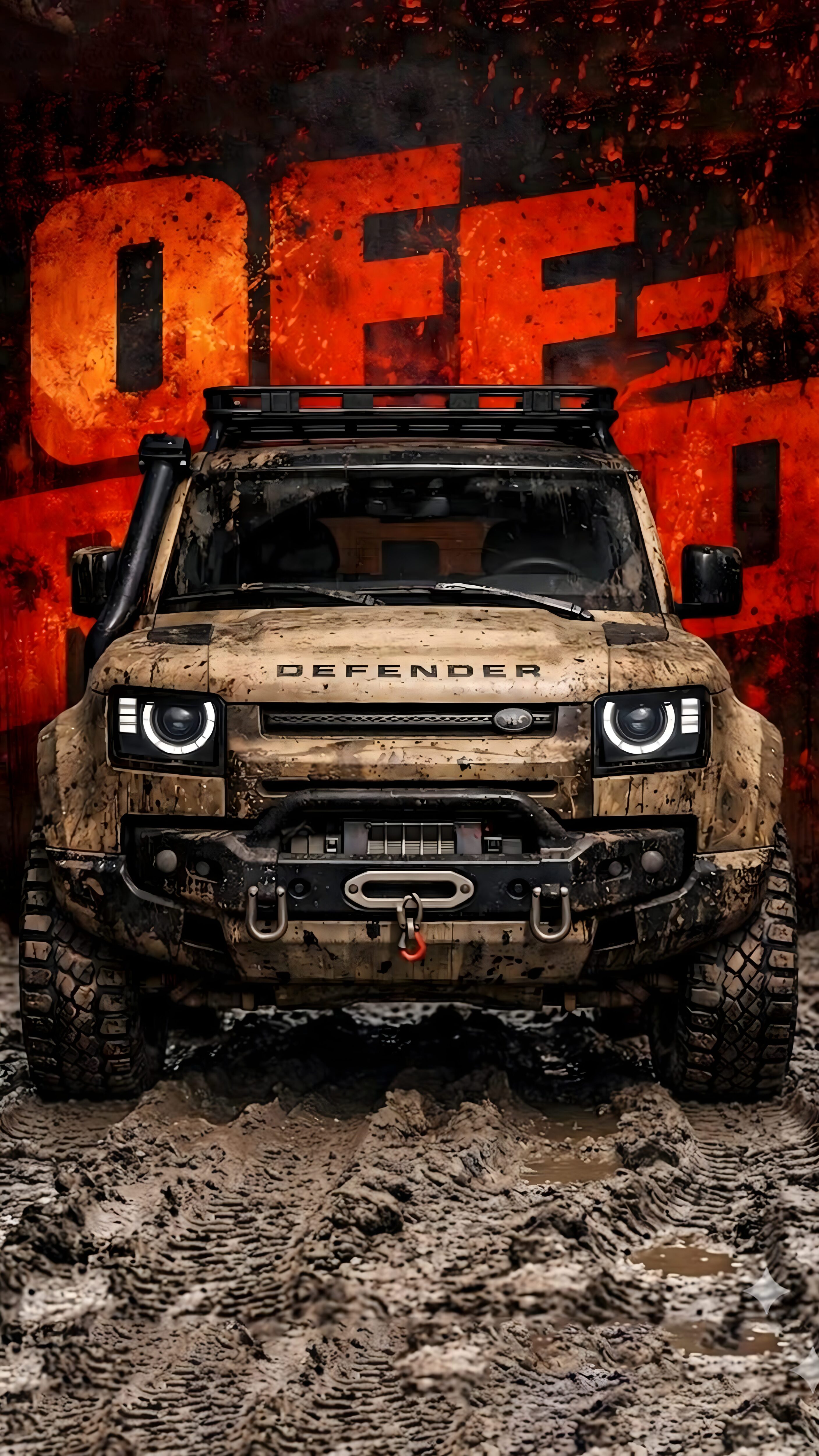 Muddy Land Rover Defender 4K mobile wallpaper with off-road orange background and rugged tires.