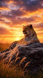 Sharp 4K mobile wallpaper of a resting leopard on a large rock during a beautiful golden sunset in the African savanna.