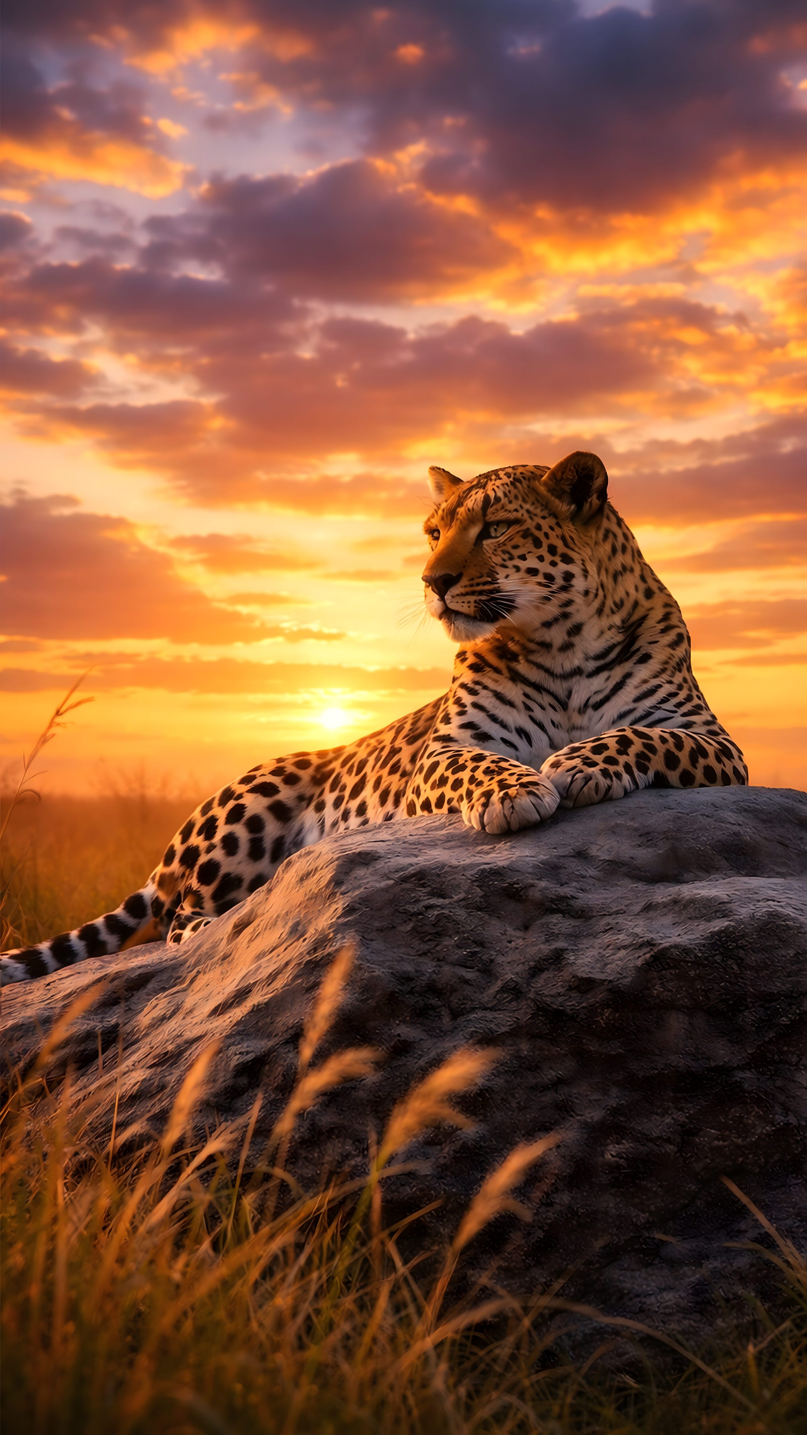 Sharp 4K mobile wallpaper of a resting leopard on a large rock during a beautiful golden sunset in the African savanna.