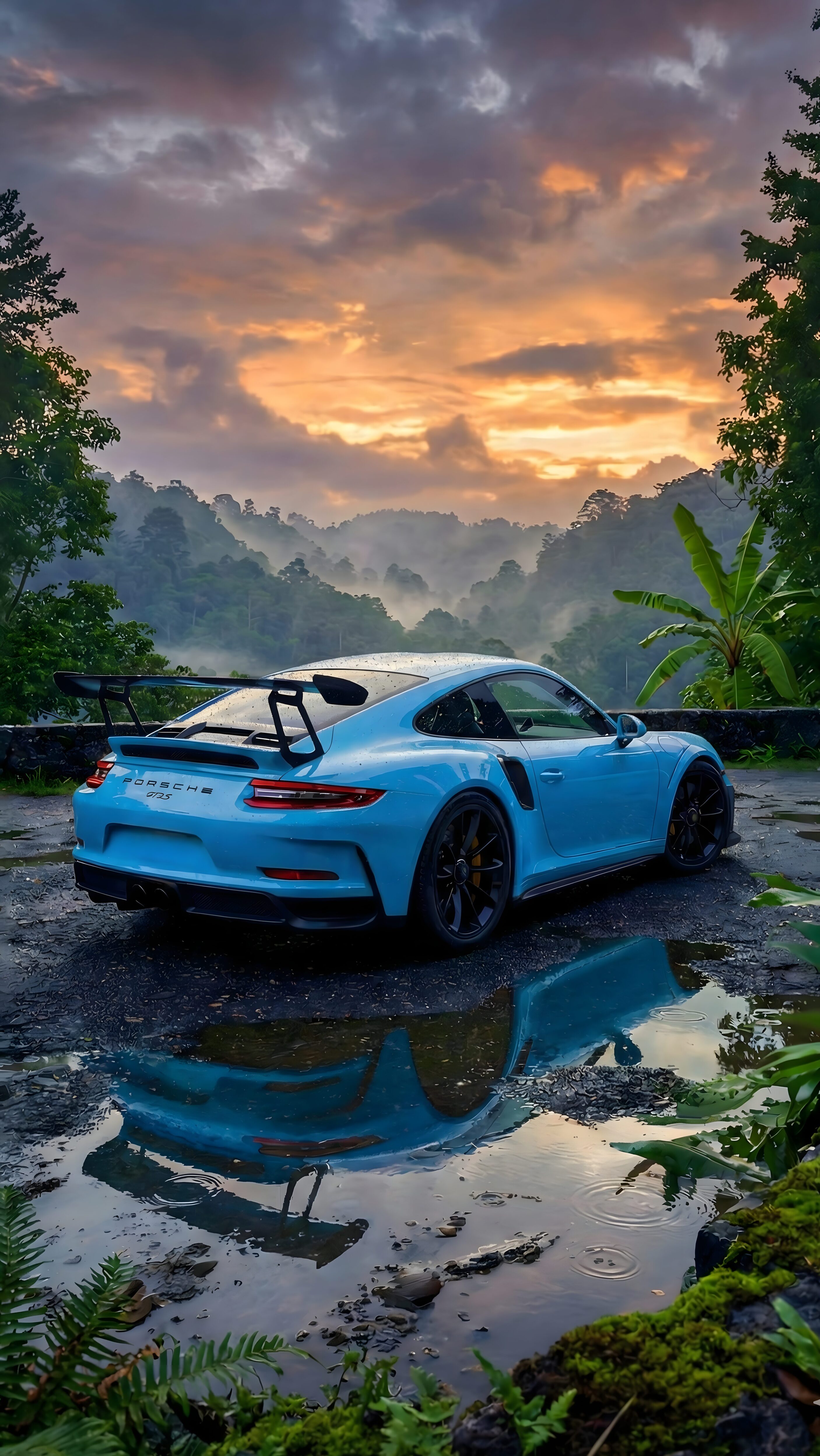 4K mobile wallpaper featuring a light blue Porsche GT3 RS parked in a misty jungle during sunset with a sharp water reflection.