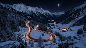 A high-resolution 4K desktop wallpaper featuring long exposure red and gold light trails winding through a snowy mountain valley at night with a glowing village.