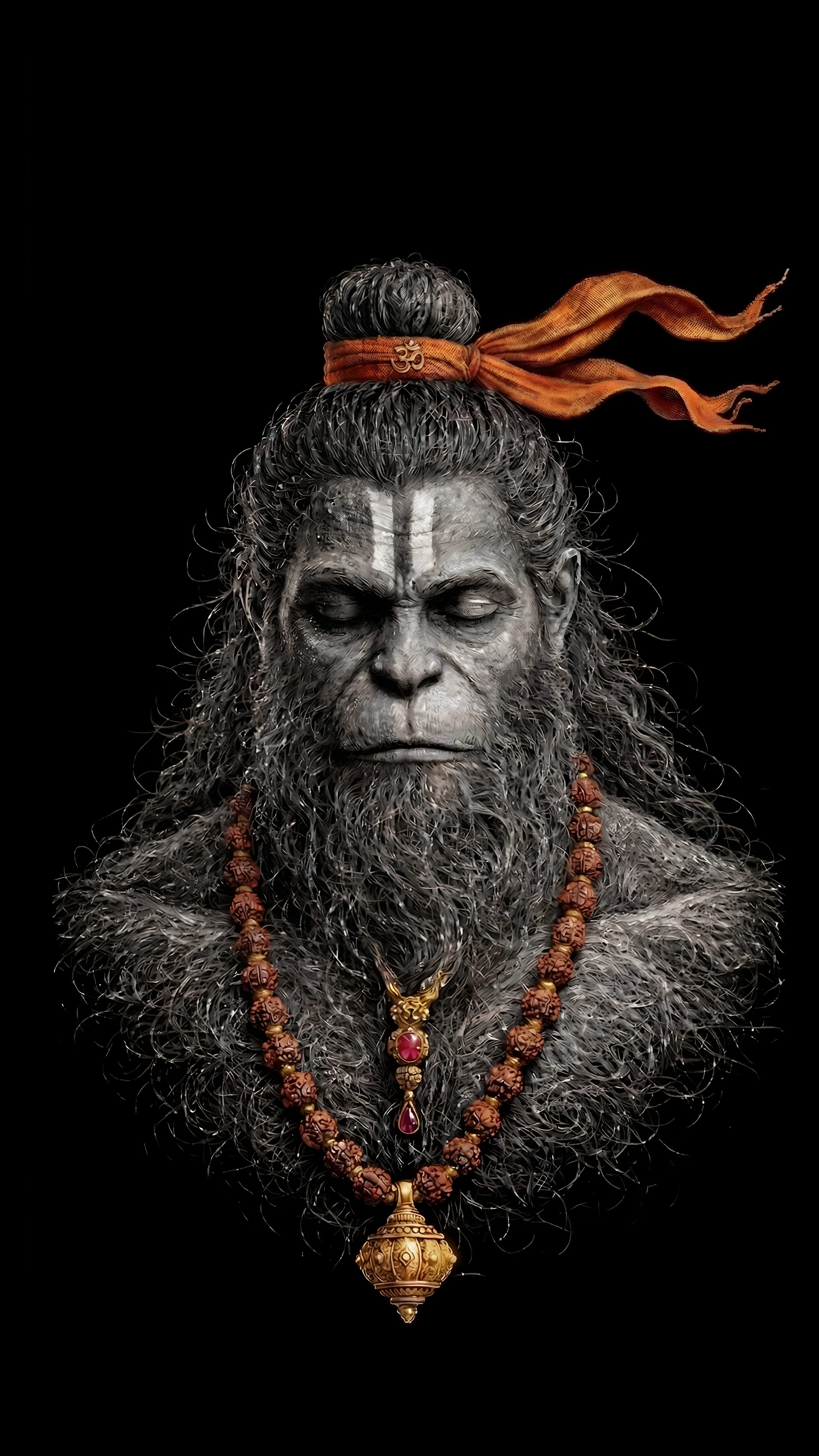 Ultra-clear 4K mobile wallpaper of Lord Hanuman in deep meditation with a pure black background, detailed beard, rudraksha mala, and glowing orange headband.