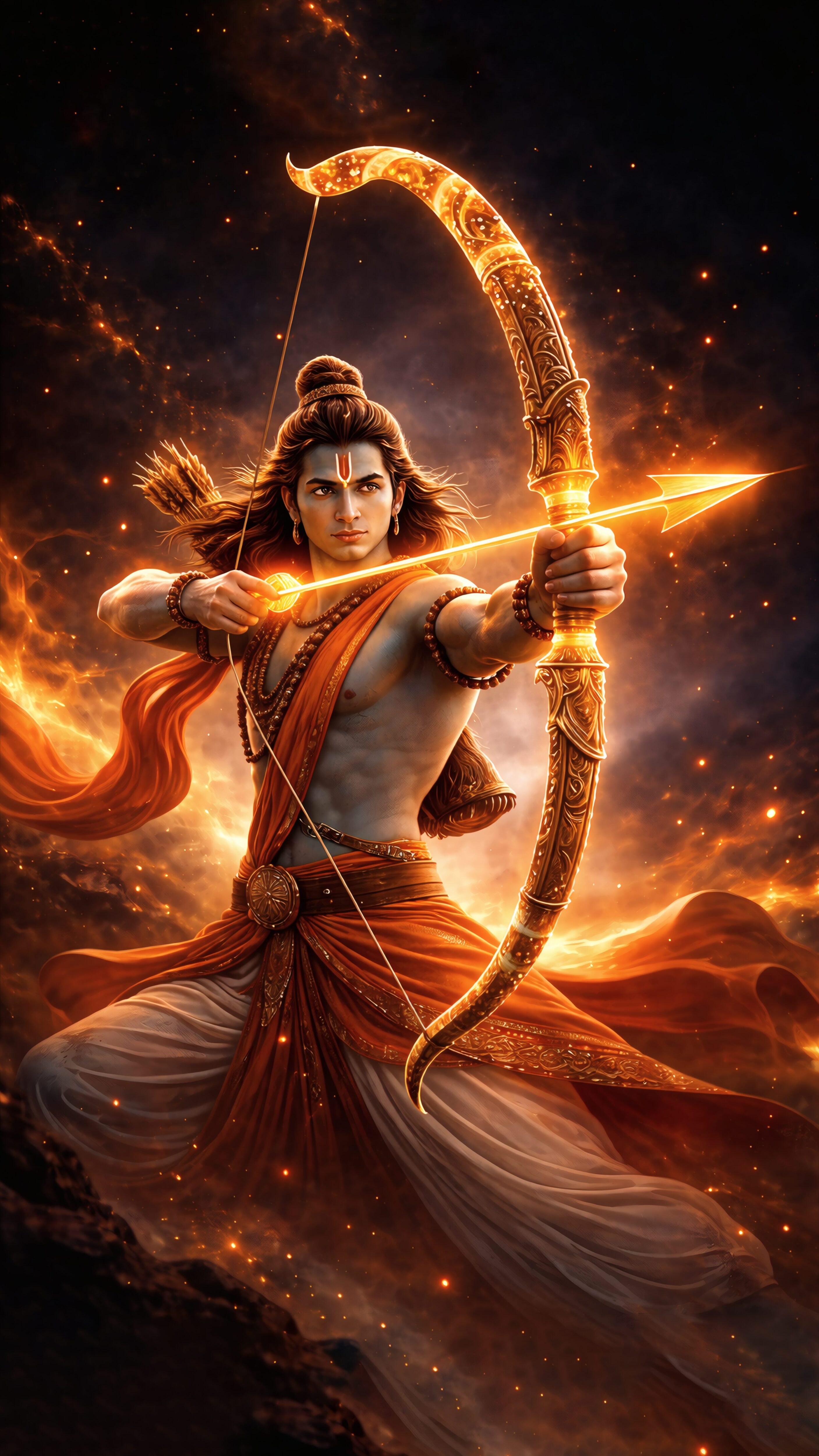 A high-resolution 4K mobile wallpaper of Lord Ram holding a glowing golden bow amidst cosmic orange and fire energy, ideal for devotional mobile screens.