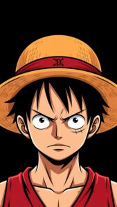 4K mobile wallpaper of Monkey D. Luffy from One Piece with an intense look, wearing his signature straw hat against a pitch-black AMOLED background.