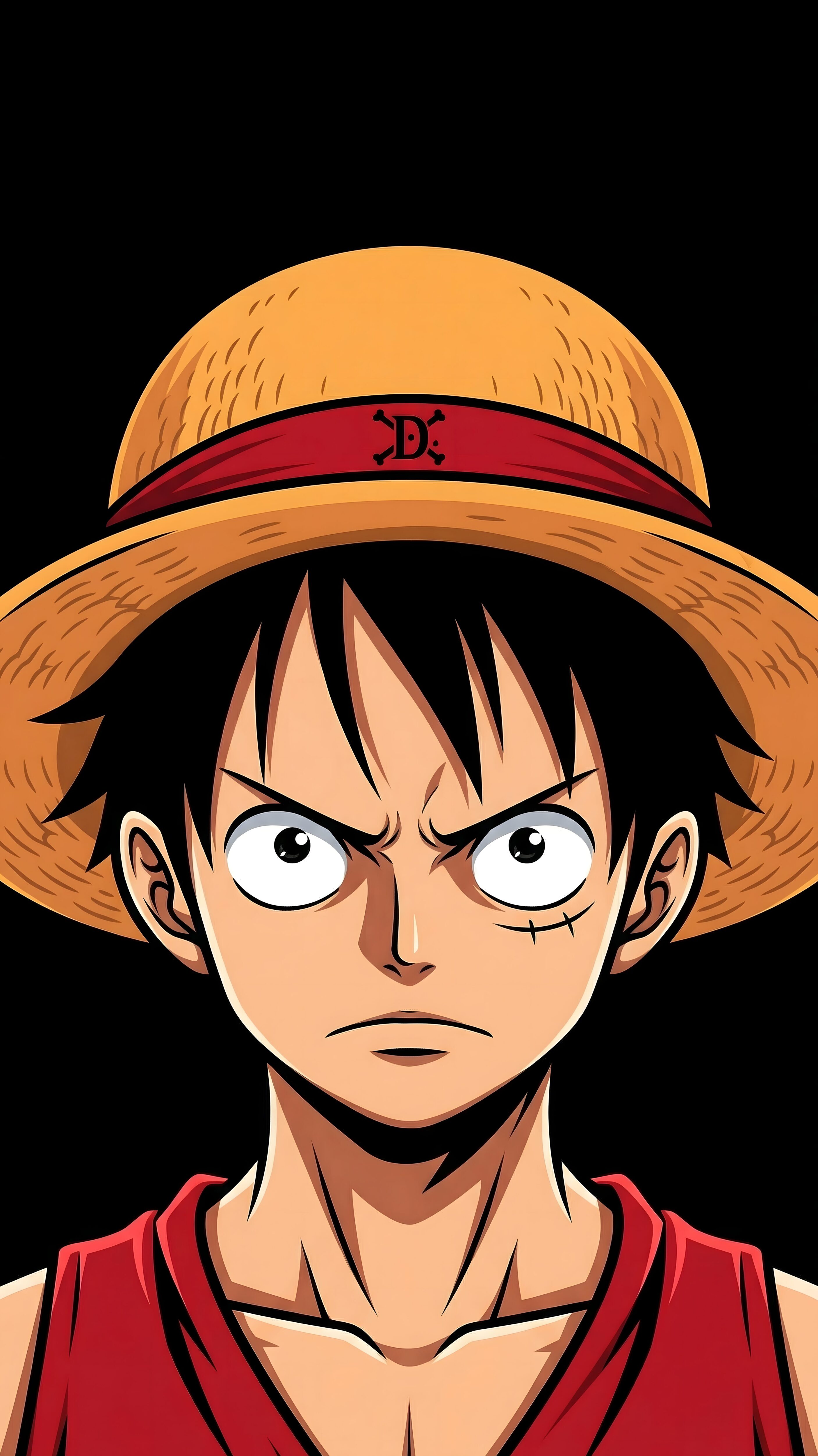 4K mobile wallpaper of Monkey D. Luffy from One Piece with an intense look, wearing his signature straw hat against a pitch-black AMOLED background.
