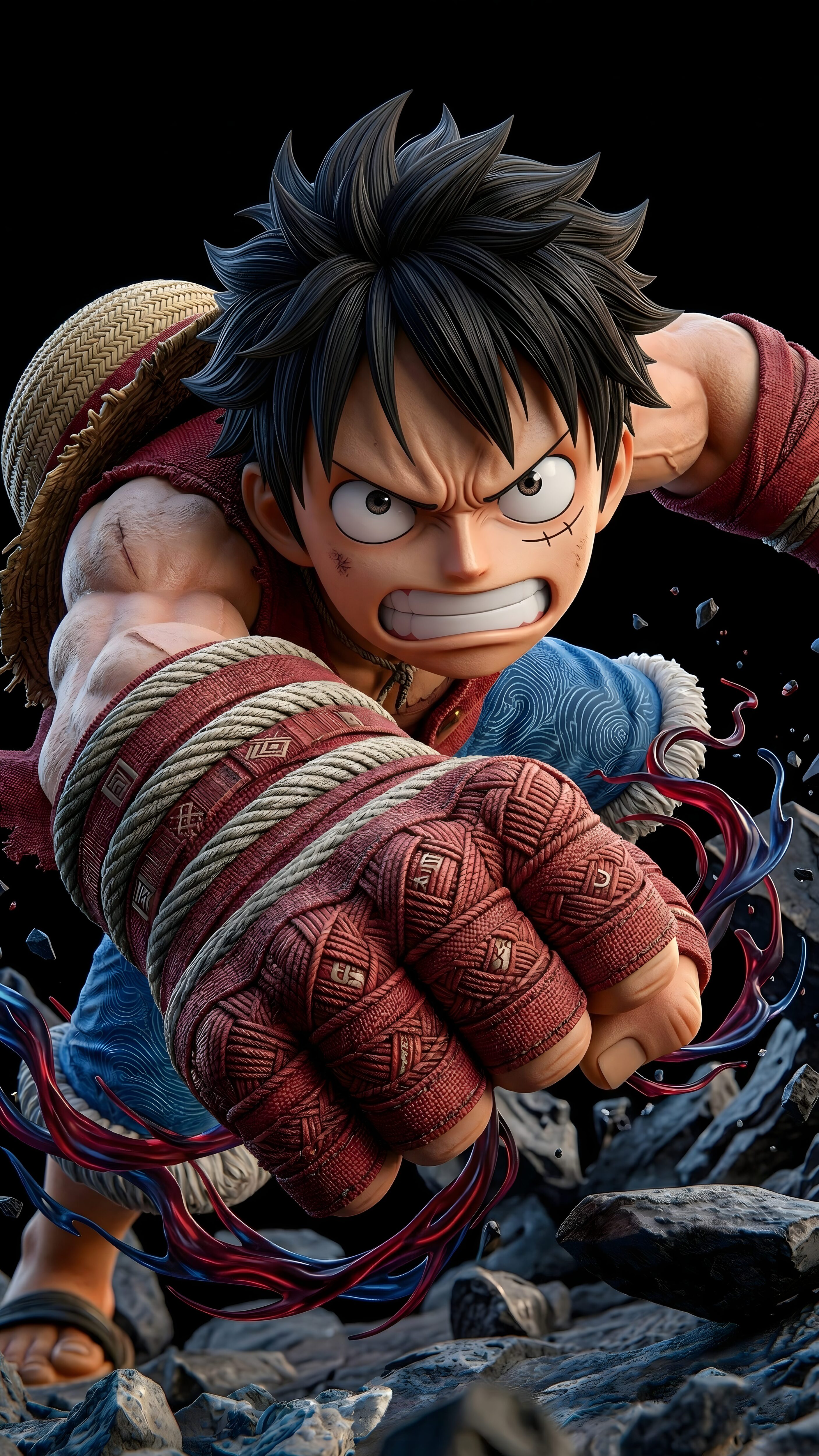 4K mobile wallpaper of Monkey D. Luffy from One Piece performing a Haki-infused punch on a black background.