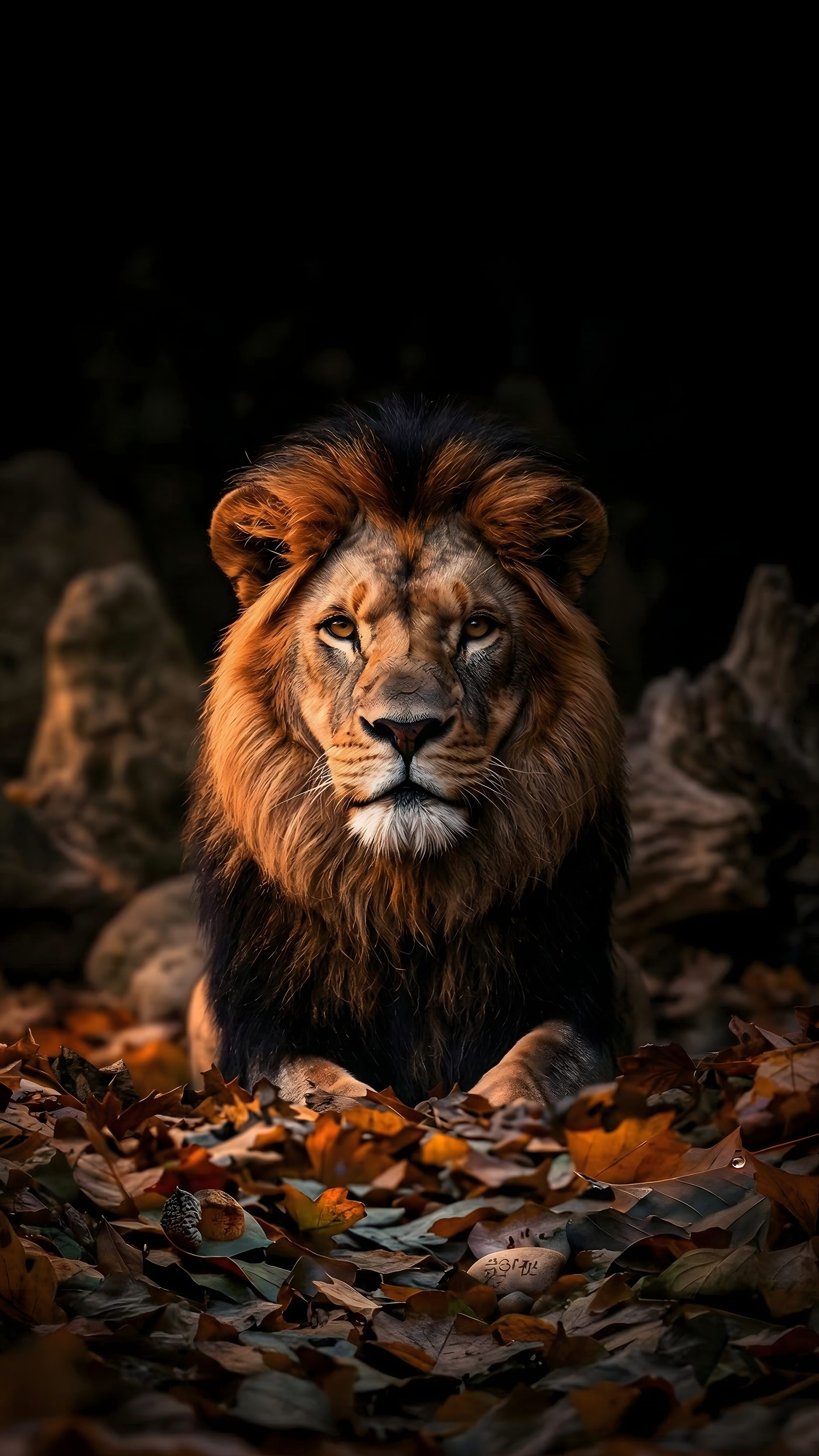 Majestic lion lying in autumn leaves 4K mobile wallpaper with a dark AMOLED background.
