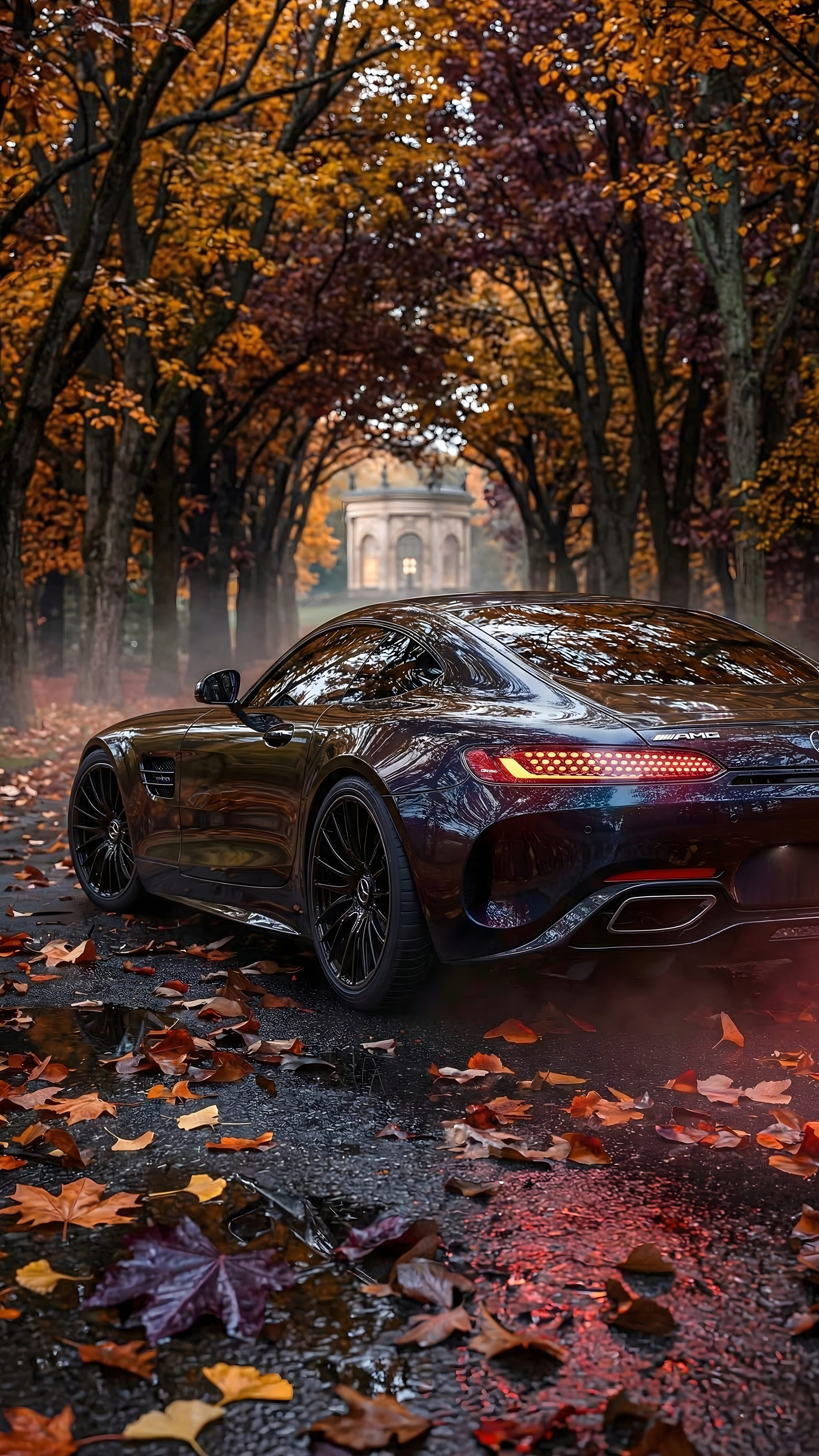 A high-resolution 4K mobile wallpaper featuring the rear of a dark Mercedes-Benz AMG GT on a wet, leaf-covered road surrounded by golden autumn trees.