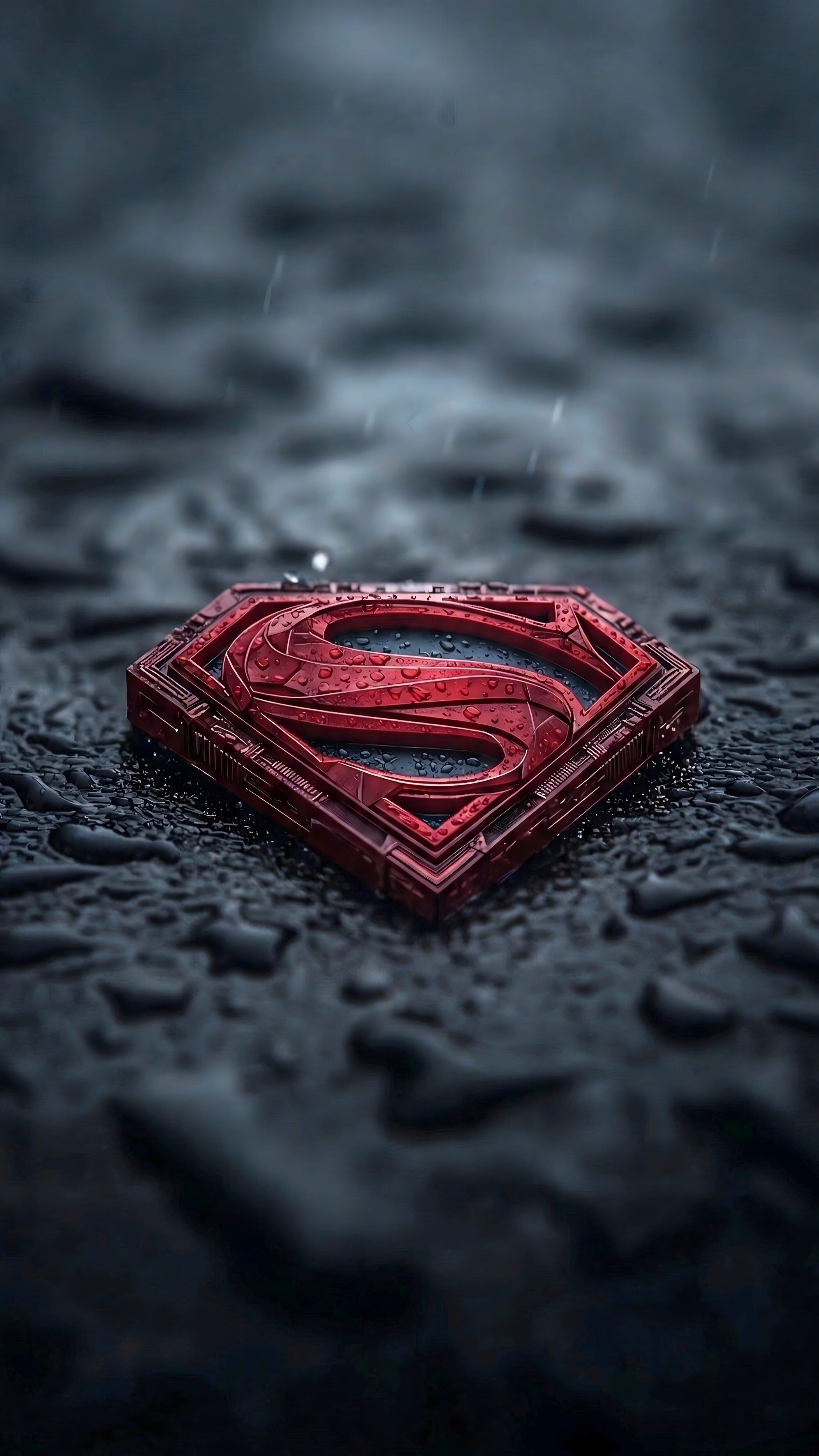 A high-resolution 4K mobile wallpaper of a textured, metallic red Superman logo resting on a dark, wet surface covered in raindrops.