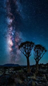 A 4K mobile wallpaper showing the bright purple and blue Milky Way galaxy in the night sky over silhouettes of two desert trees and rocks.