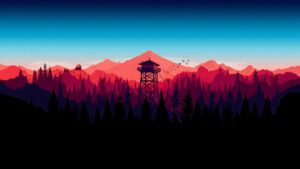 A wide 4K desktop wallpaper featuring a flat vector art style landscape with a firewatch tower, black pine tree silhouettes, red mountains, and a clear blue sky.