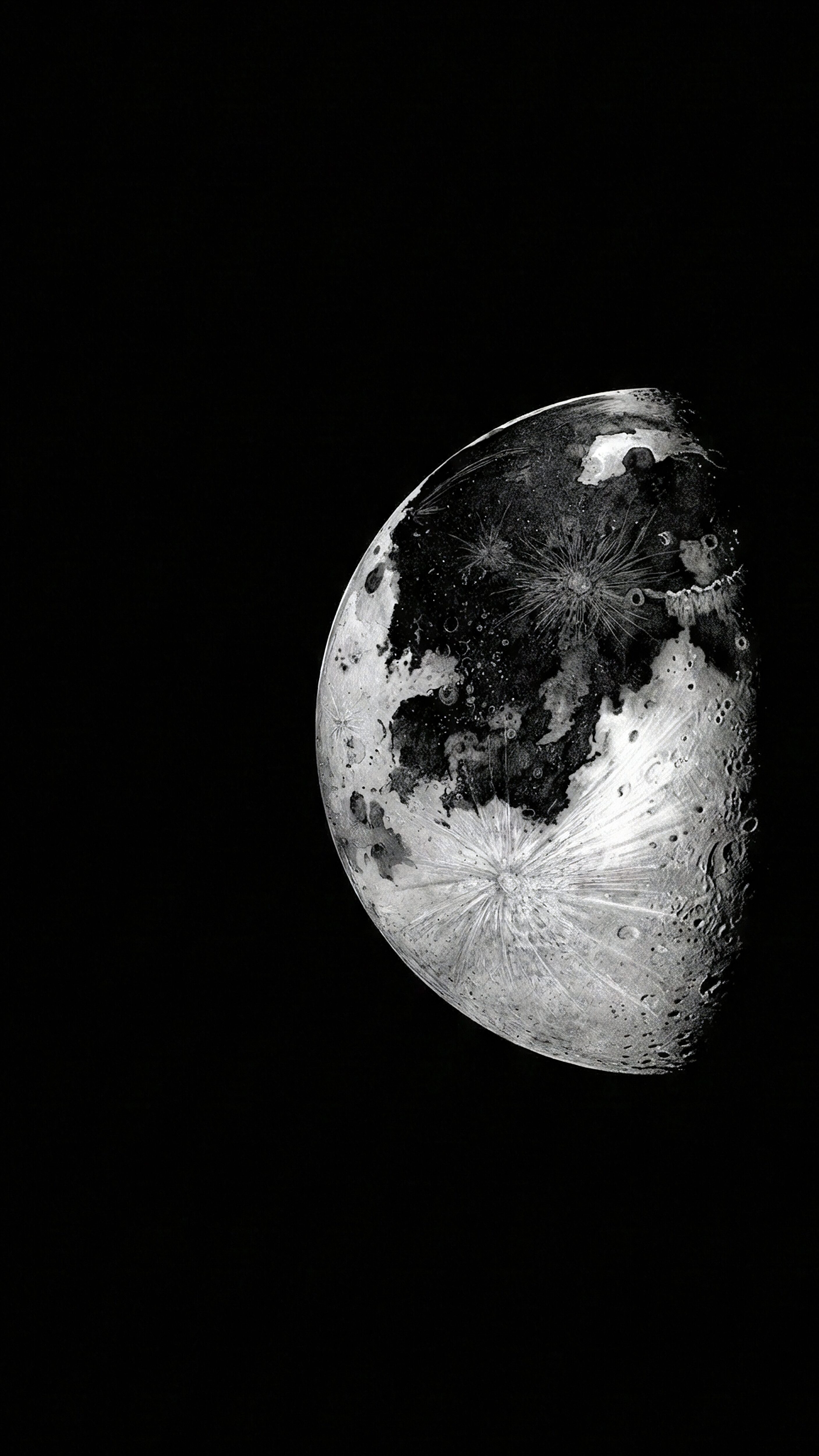 A high-resolution 4K black and white mobile wallpaper featuring a detailed half-moon with visible craters against a solid black AMOLED-friendly background.