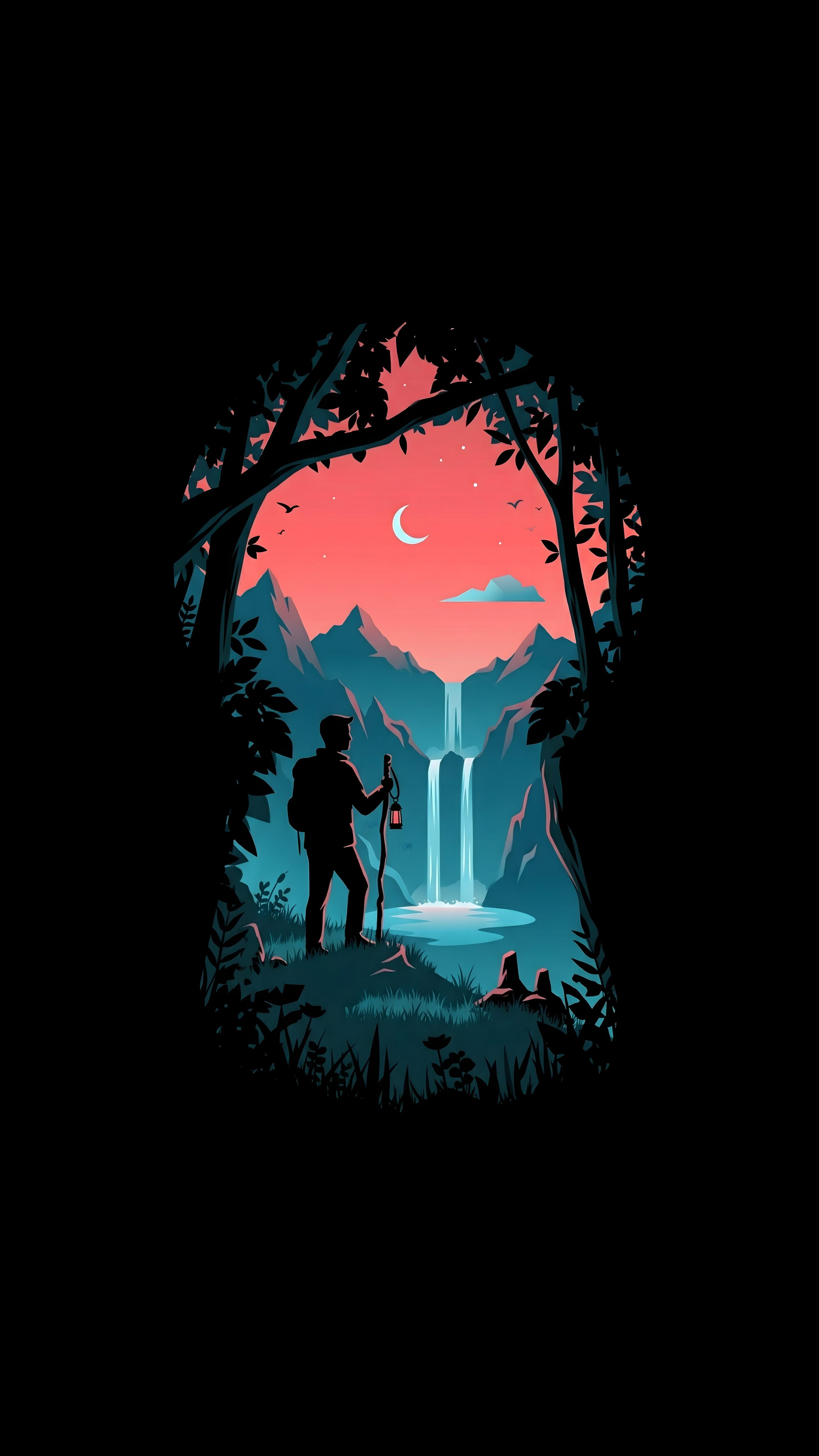 A high-resolution 4K minimalist vector wallpaper of a hiker overlooking a waterfall through a keyhole-shaped opening against a solid black background.
