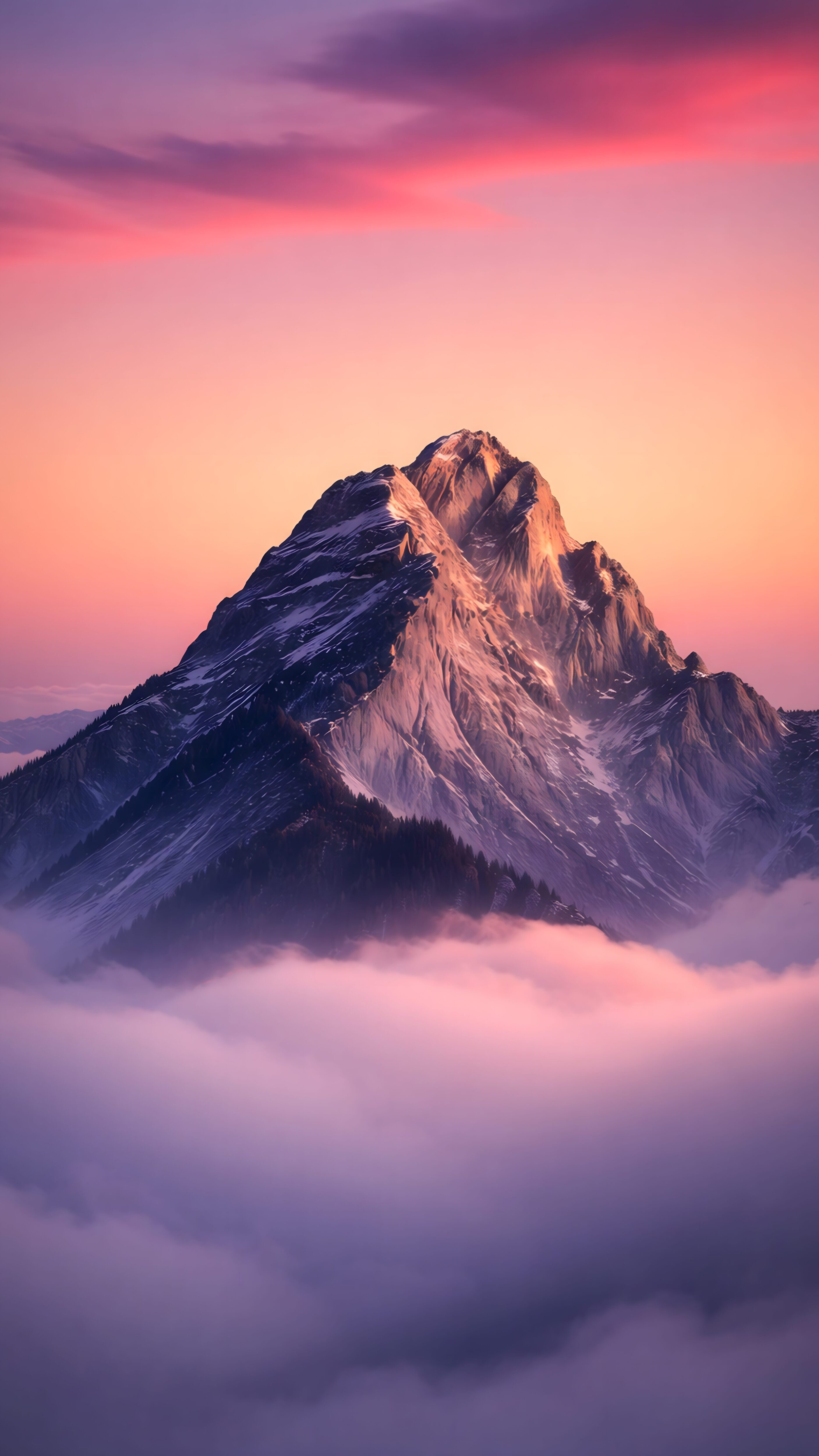 A 4K mobile wallpaper showing a sharp, snowy mountain peak rising above thick pink and purple clouds under a sunset sky.