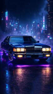 4K mobile wallpaper of a dark classic vintage car parked on a wet street in a rainy neon cyberpunk city with purple reflections.