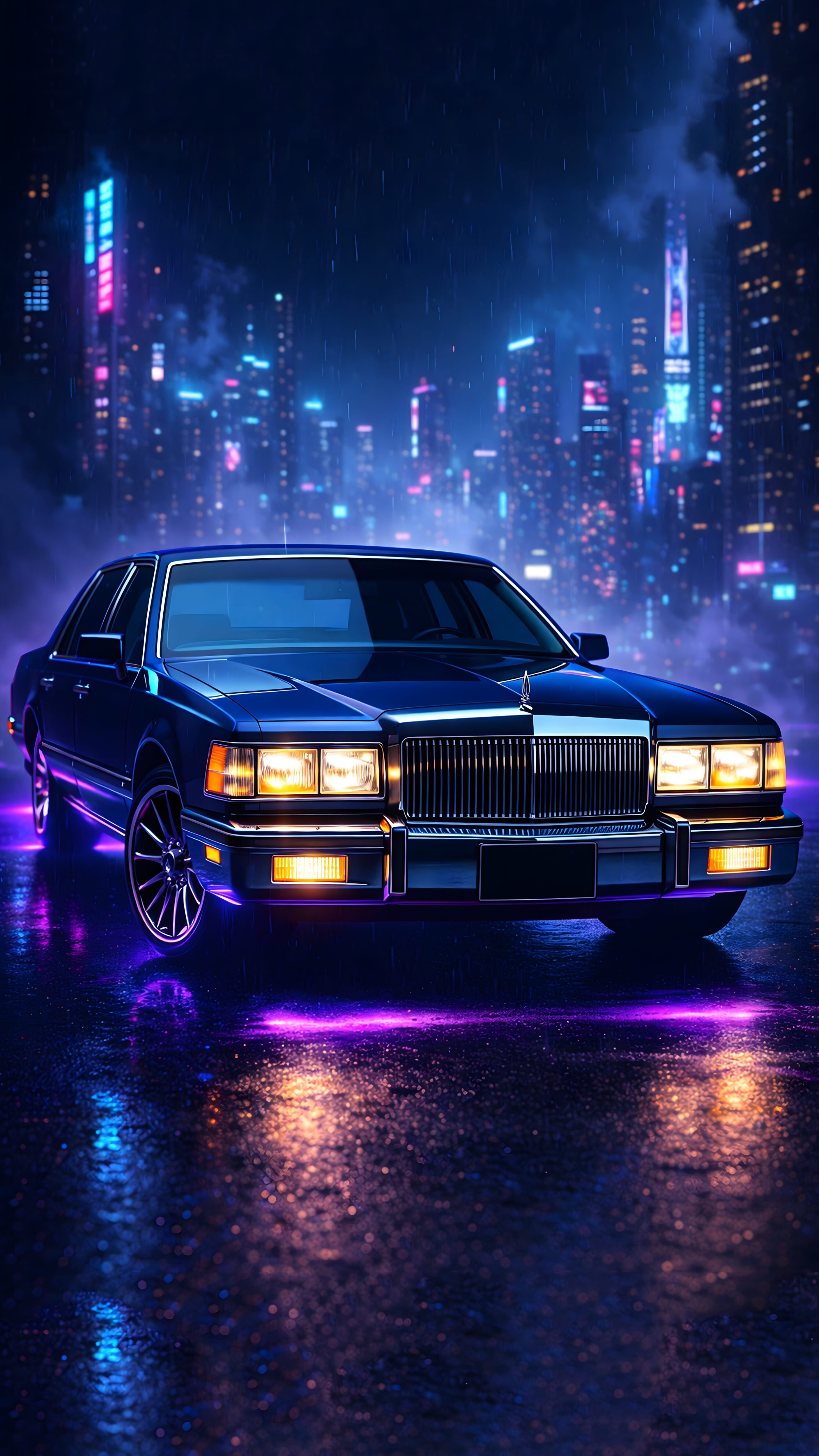 4K mobile wallpaper of a dark classic vintage car parked on a wet street in a rainy neon cyberpunk city with purple reflections.