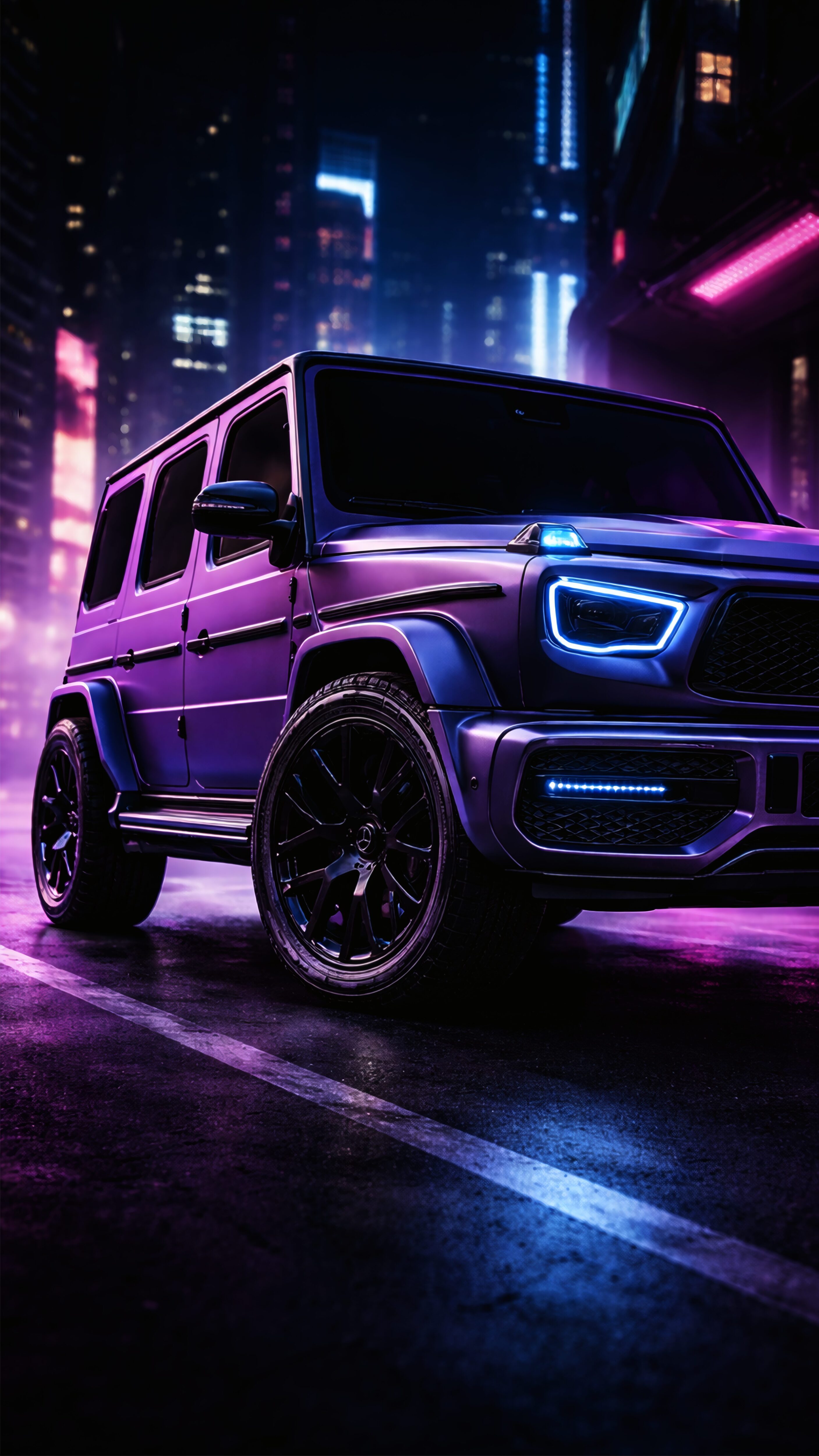 A 4K mobile wallpaper showing a Mercedes G-Wagon parked on a wet city street at night, illuminated by bright purple and blue neon lights.
