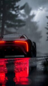 A high-resolution 4K mobile wallpaper of a dark sports car with glowing red neon taillights driving on a wet road during a lightning storm in a forest.
