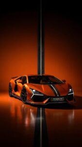 4K mobile wallpaper of an orange Lamborghini Revuelto featuring an Italian flag racing stripe in a dark premium studio setting.