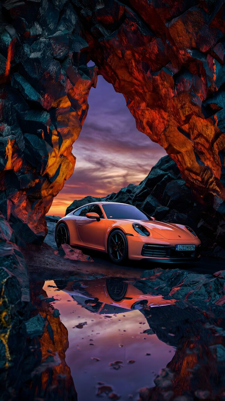 A mobile wallpaper of an orange Porsche 911 parked inside a rocky cave with a puddle reflection at the bottom.