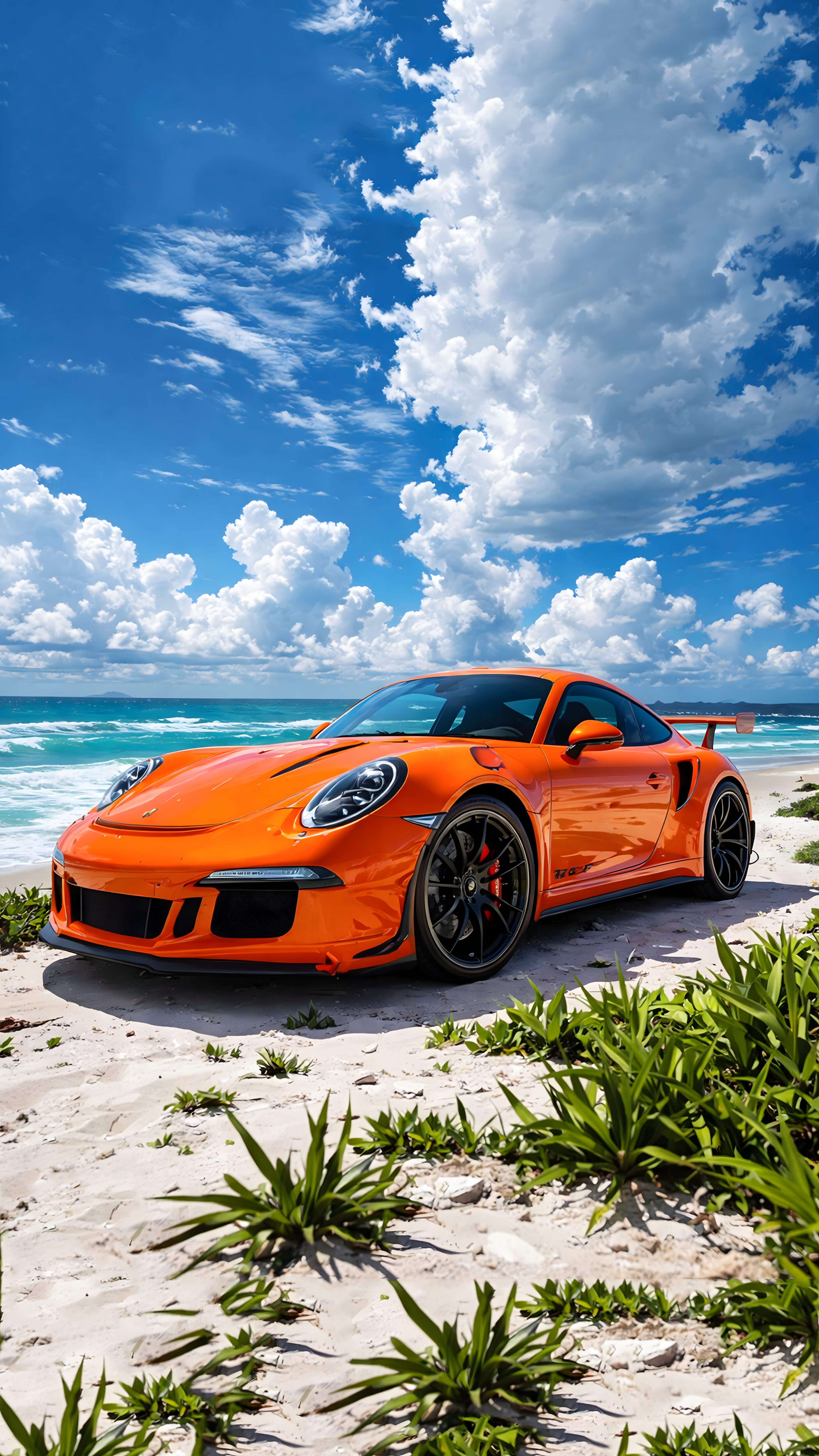 A 4K mobile wallpaper of a bright orange Porsche 911 parked on white sand at the beach, with green plants in the foreground and a blue sky with fluffy clouds.