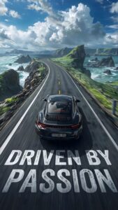 Porsche 911 supercar driving on a scenic coastal road with cliffs and ocean 4K mobile wallpaper.