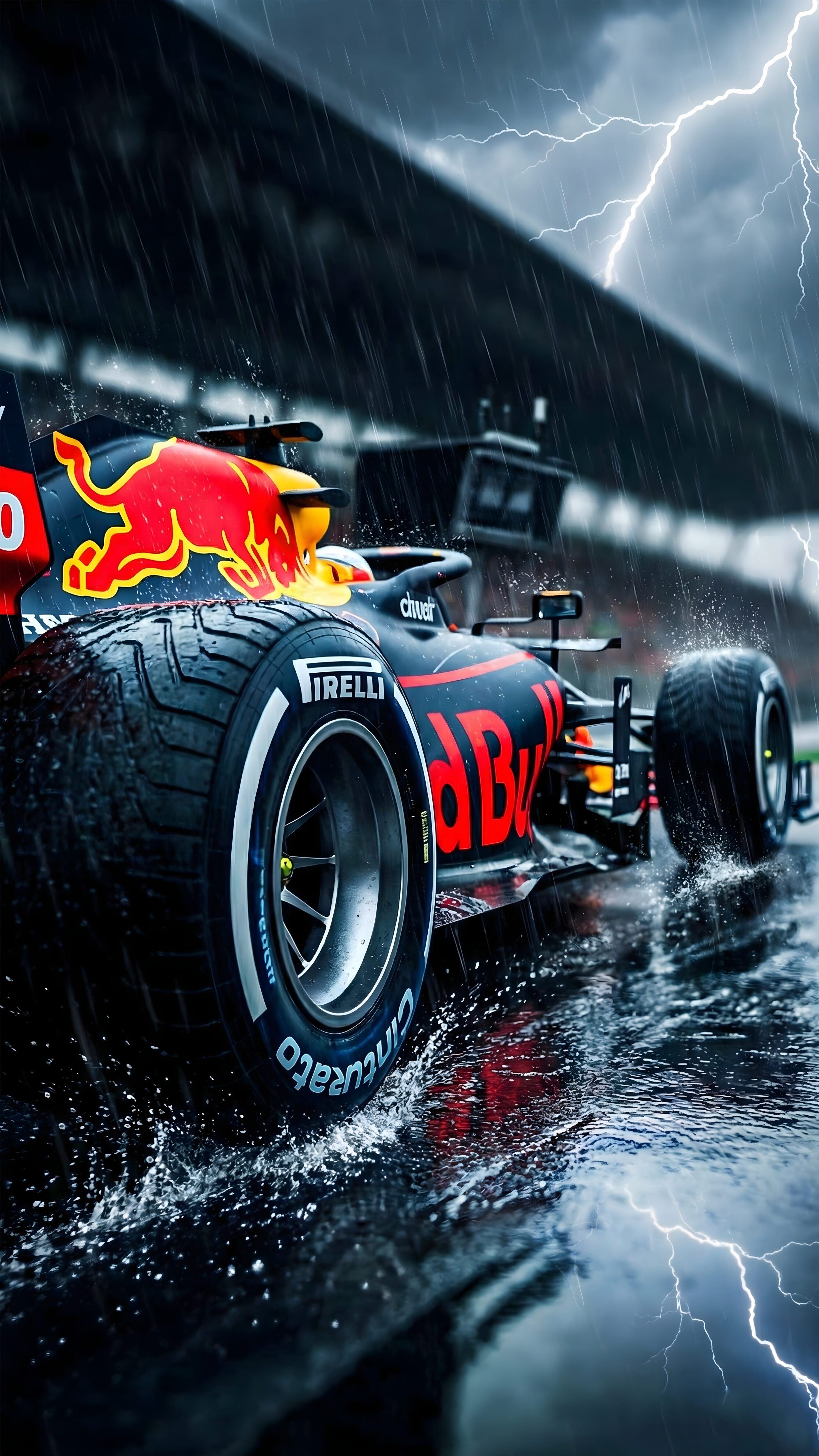 A 4K mobile wallpaper of a Red Bull Racing Formula 1 car driving on a wet track in heavy rain with tire splash and lightning strikes in the dark sky.
