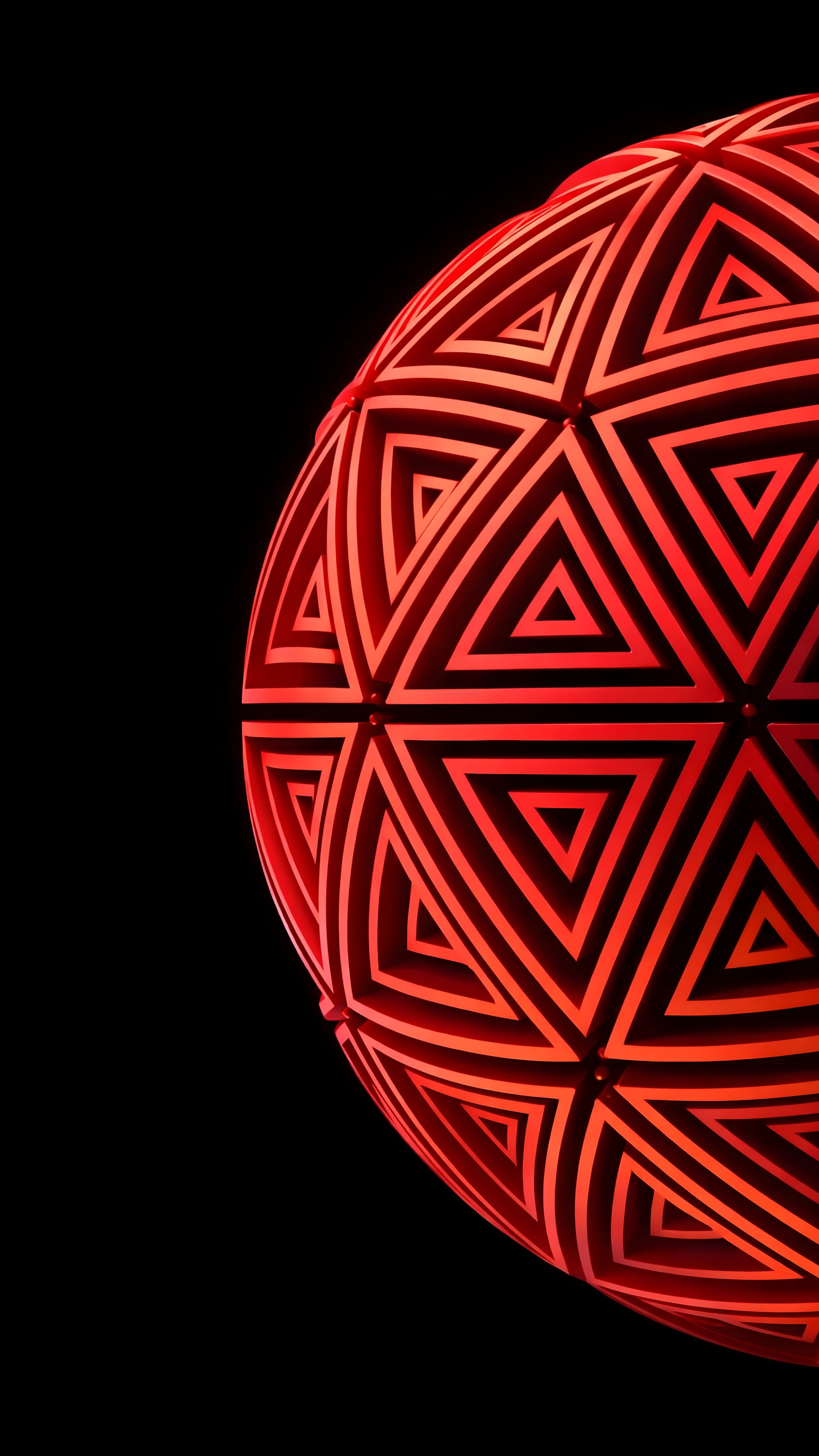 Red geometric 3D abstract sphere with nested triangles on a pitch-black 4K AMOLED mobile wallpaper.