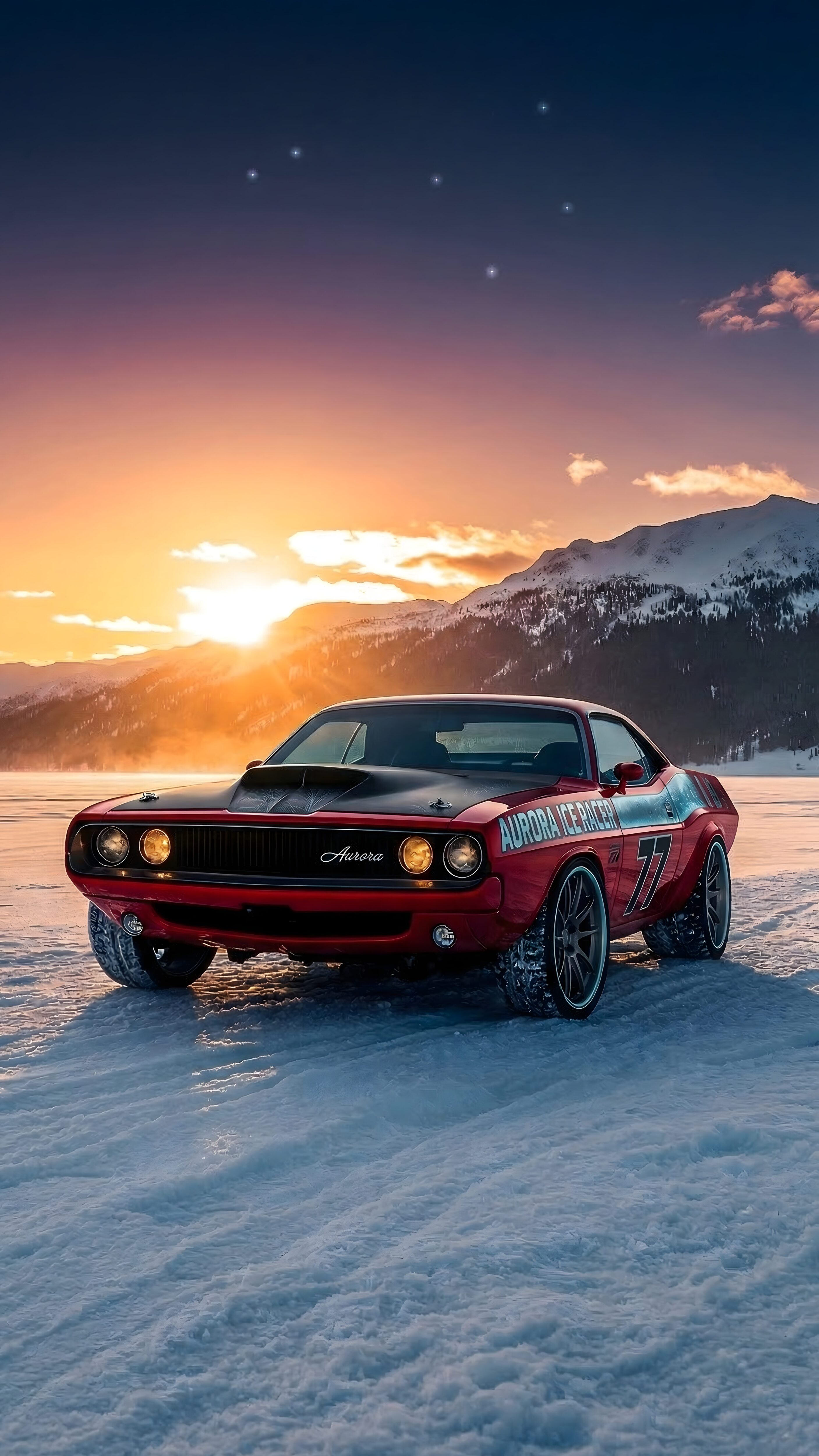 Ultra-HD 4K mobile wallpaper of a classic red muscle car parked on a frozen snowy lake during a beautiful sunset with mountains in the background.