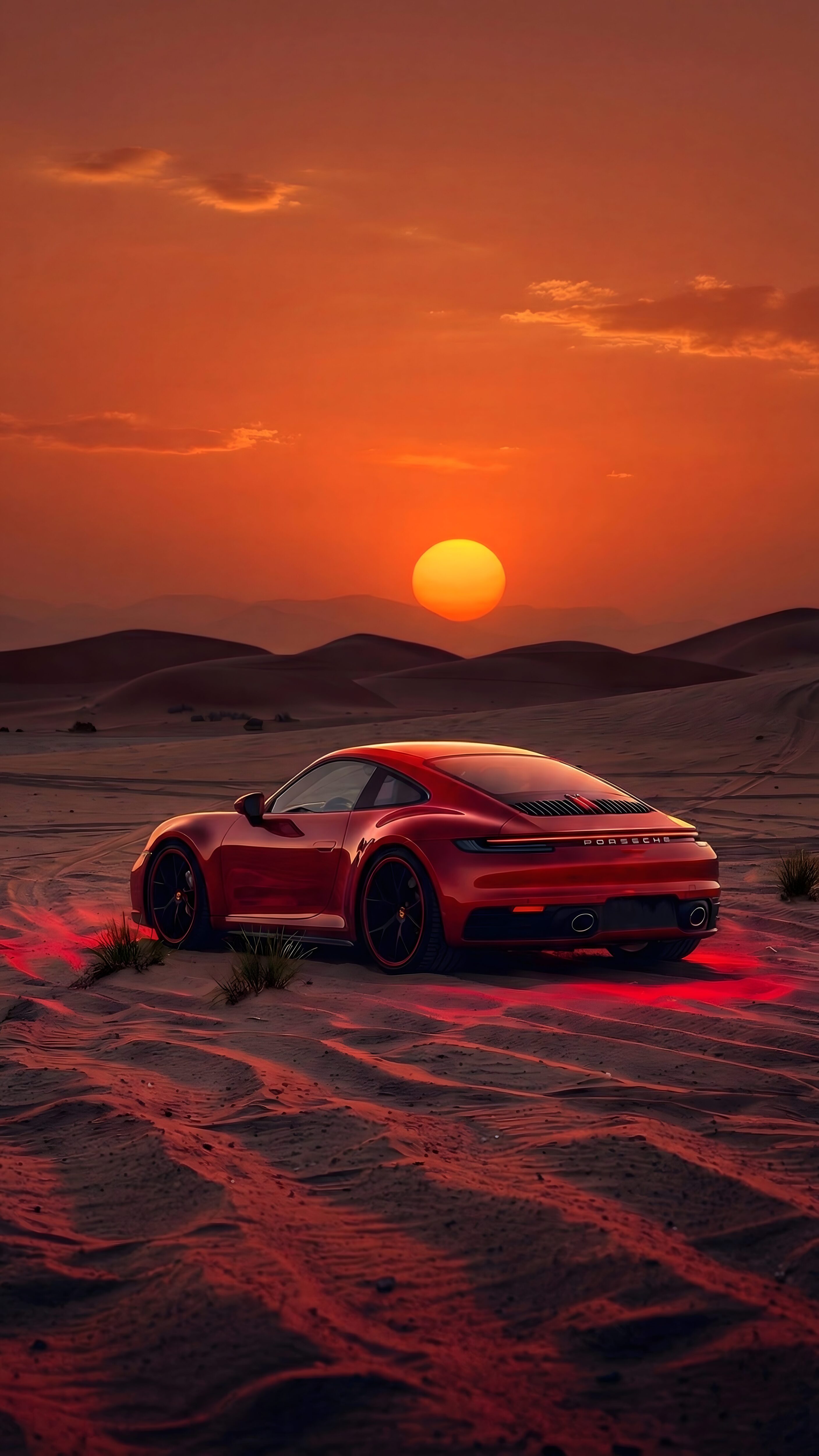 A high-resolution 4K mobile wallpaper of a red Porsche 911 parked in a sand desert during a vibrant orange sunset with glowing red taillights and soft dunes.