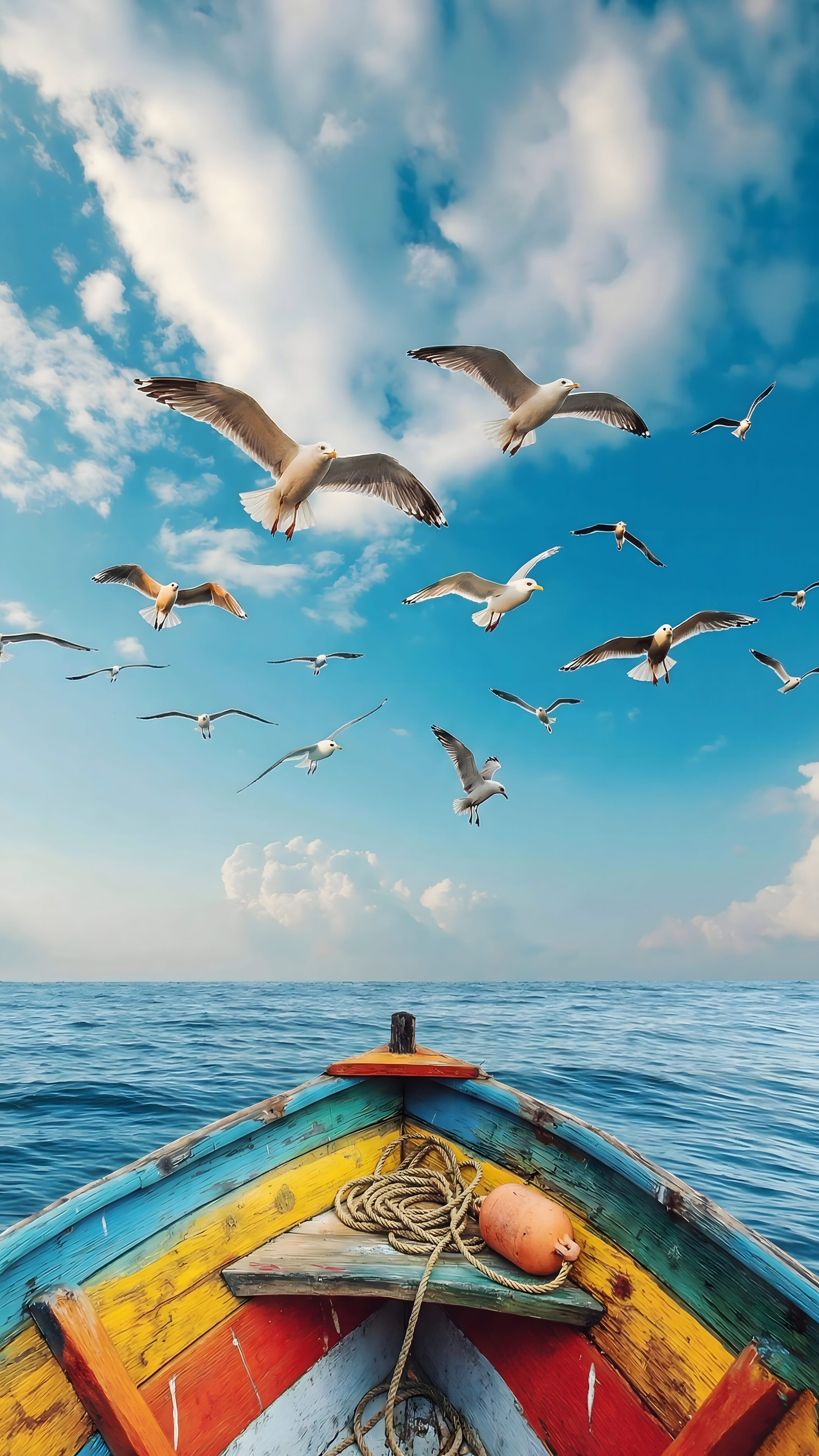 A high-resolution 4K mobile wallpaper of seagulls flying above the prow of a colorful wooden boat on the blue ocean under a cloudy sky.