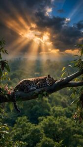 A 4K mobile wallpaper showing a spotted leopard sleeping on a large tree branch in a jungle, with sun rays breaking through clouds at sunset.
