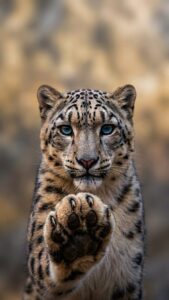 A close-up portrait of a snow leopard with bright blue eyes holding its front paw with visible claws directly toward the camera against a blurred background.