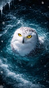 A high-resolution 4K mobile wallpaper showing a white snowy owl with intense yellow eyes floating in dark teal icy water with icicles at the top.