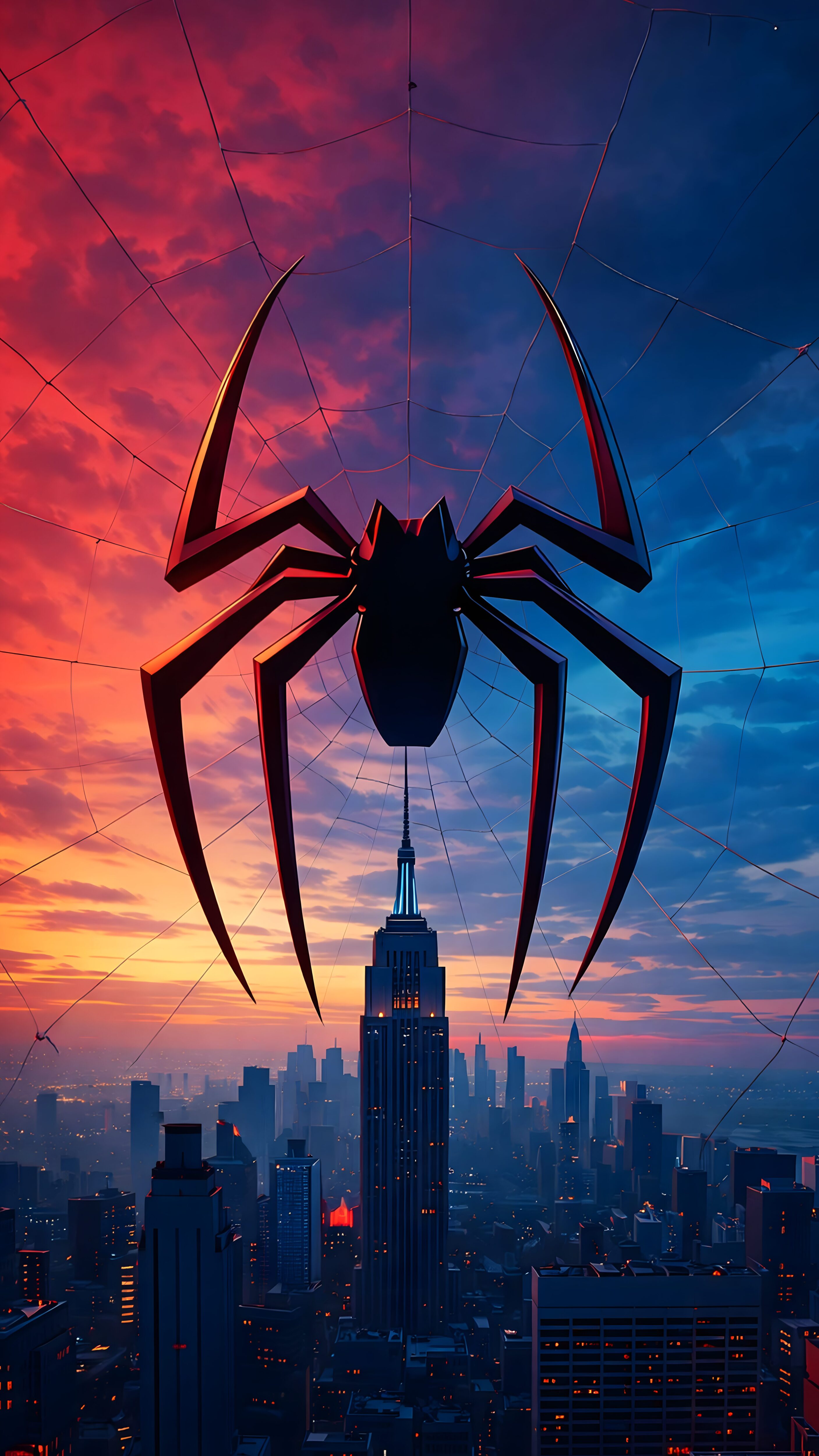 A high-resolution 4K mobile wallpaper featuring a large black spider emblem resting on a web, overlooking a city skyline at sunset with dramatic red and blue clouds.
