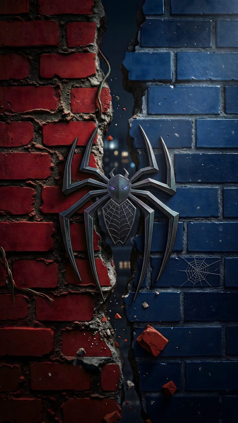 A high-quality 4K mobile wallpaper of a metallic silver spider logo with purple eyes centered on a cracked brick wall with red and blue sides and a city night view in the center.