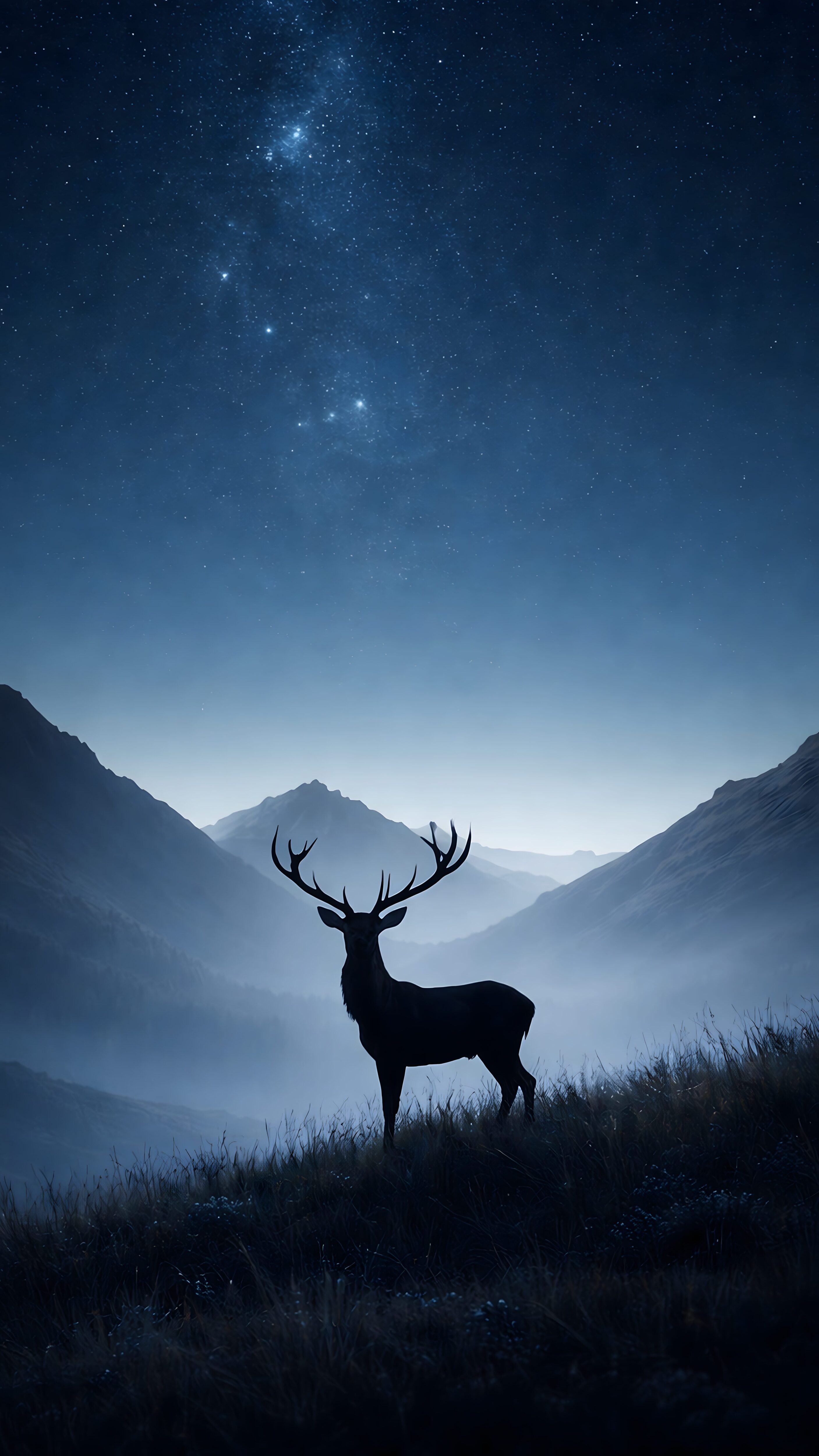 Breathtaking 4K mobile wallpaper of a majestic deer silhouette standing on a grassy hill against misty mountains and a starry night sky.