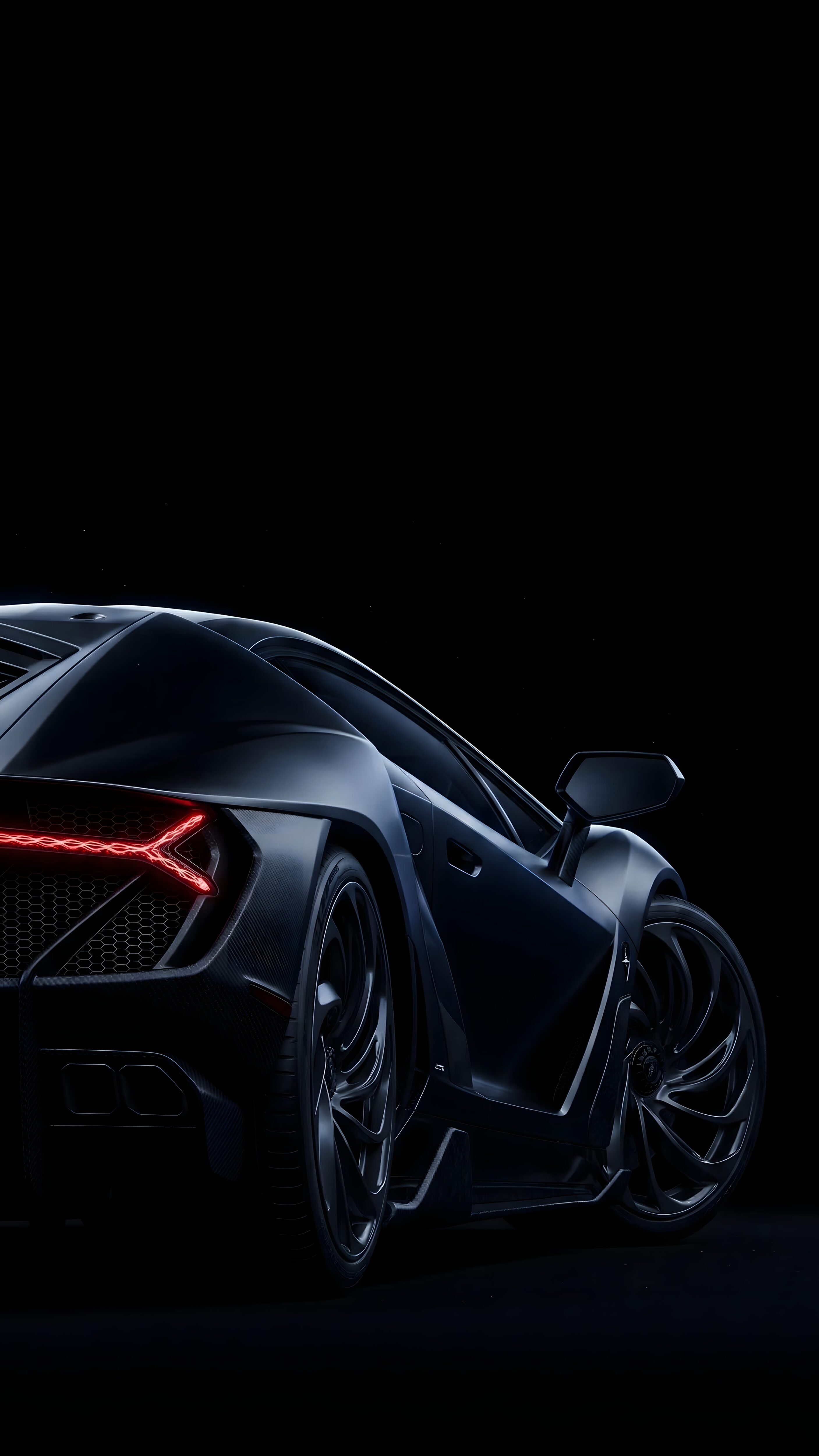 A high-resolution 4K mobile wallpaper featuring the rear angle of a matte black hypercar with glowing red LED taillights against a pure black AMOLED background.