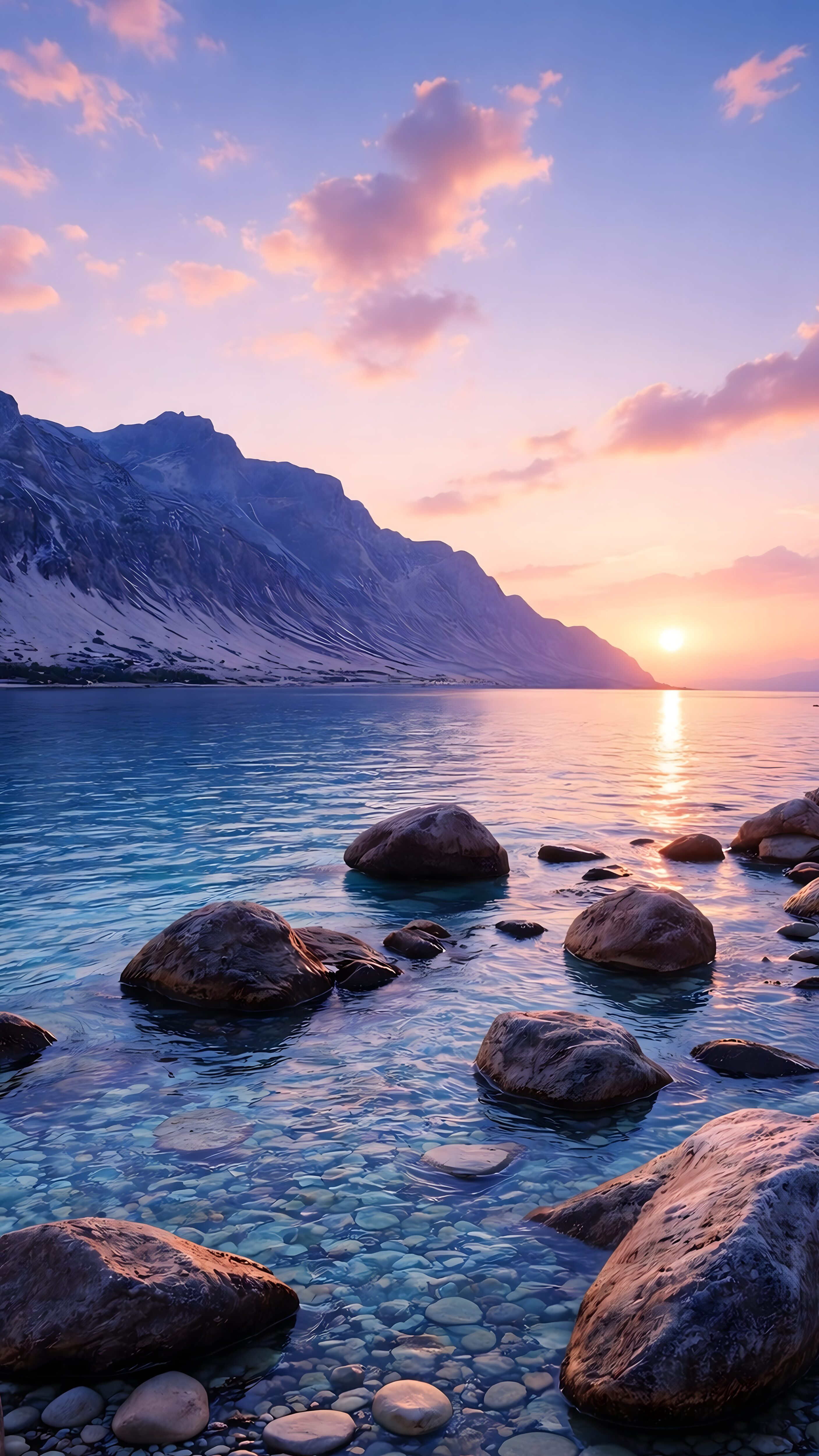 A 4K mobile wallpaper showing a vibrant pink sunset over a clear turquoise lake with mountains in the background and pebbles visible on the lakebed.